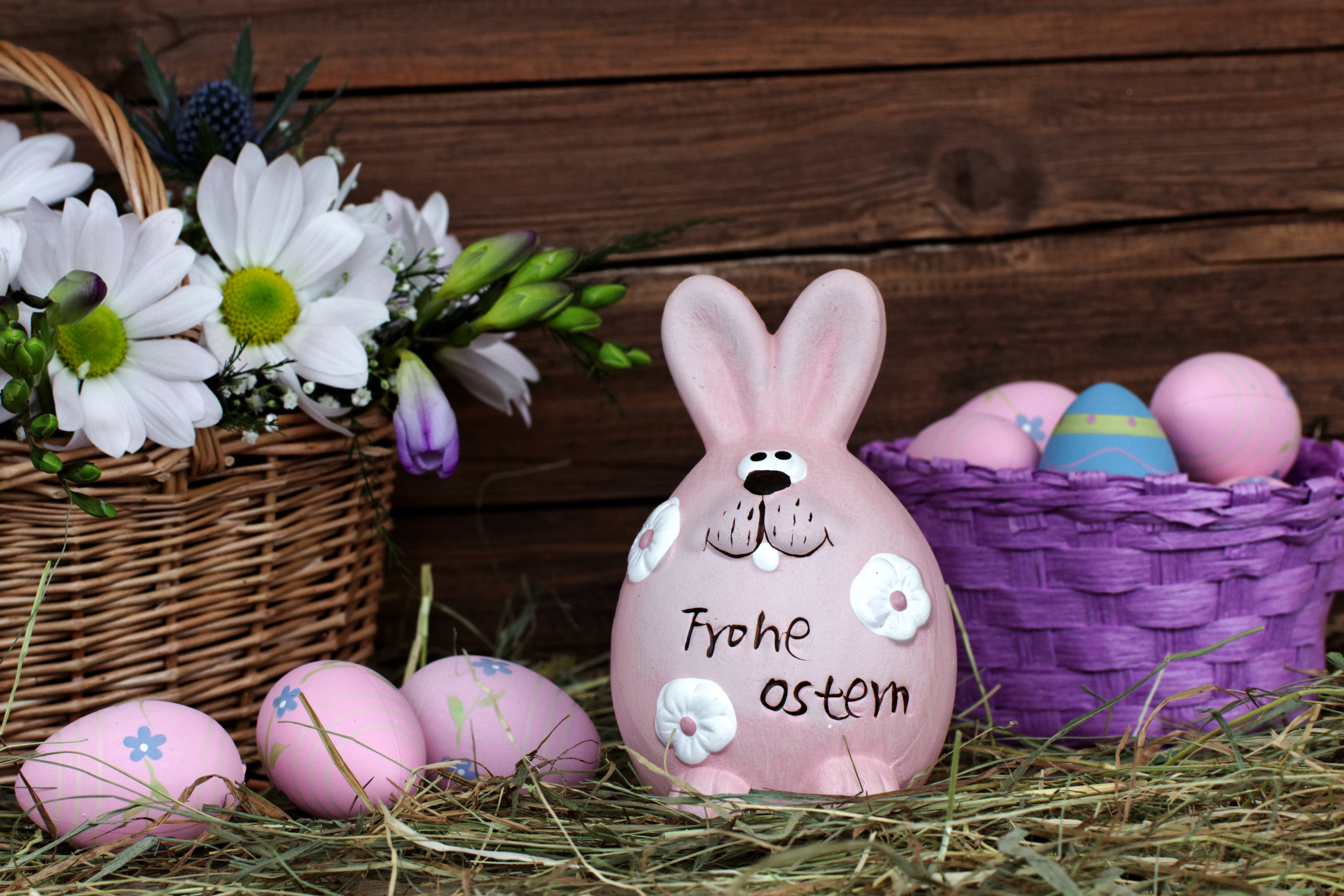 Easter bunny decoration with flowers and eggs HD Wallpaper