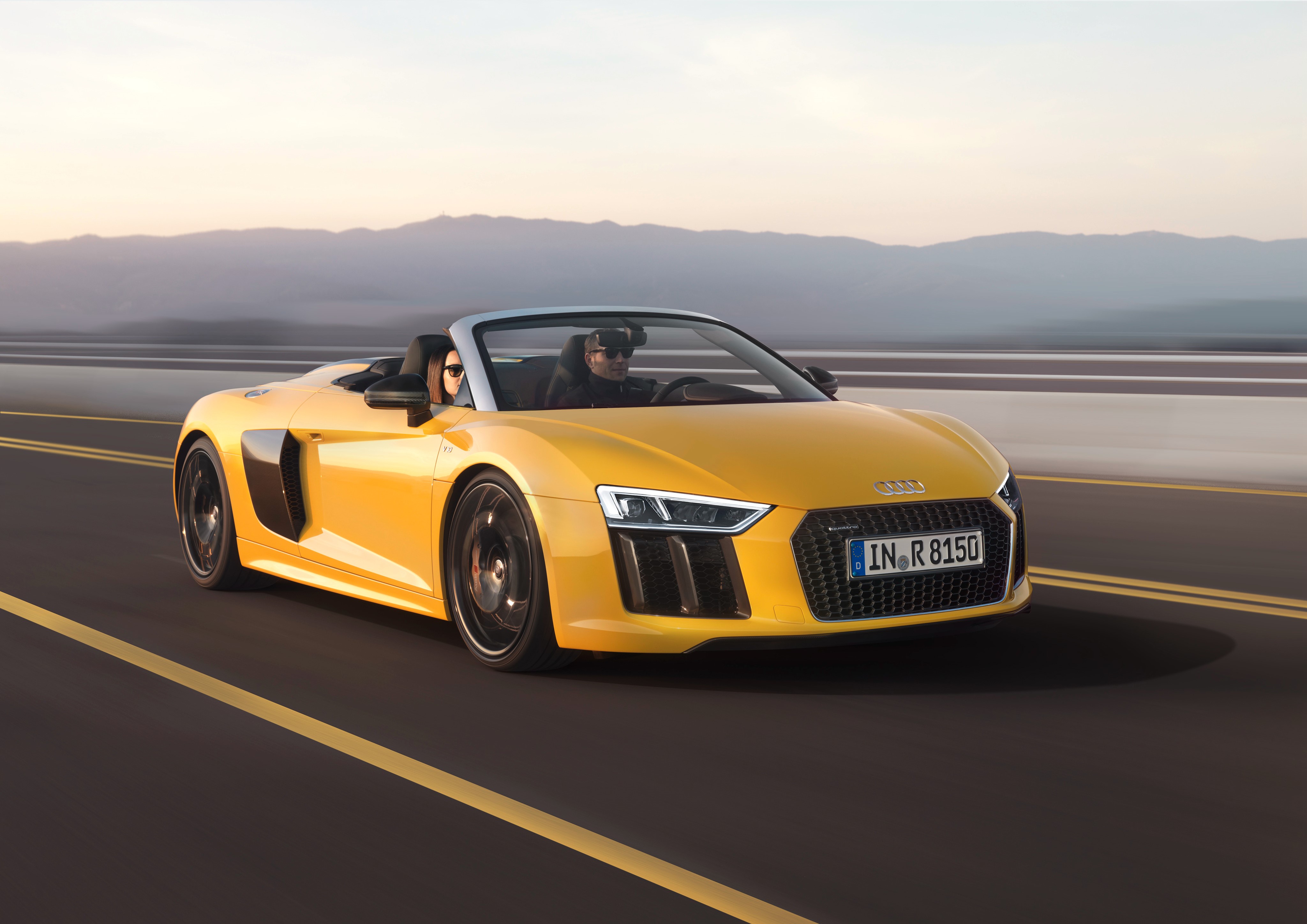 Yellow Audi R8 Spyder V10 Cabriolet in Motion HD Wallpaper
