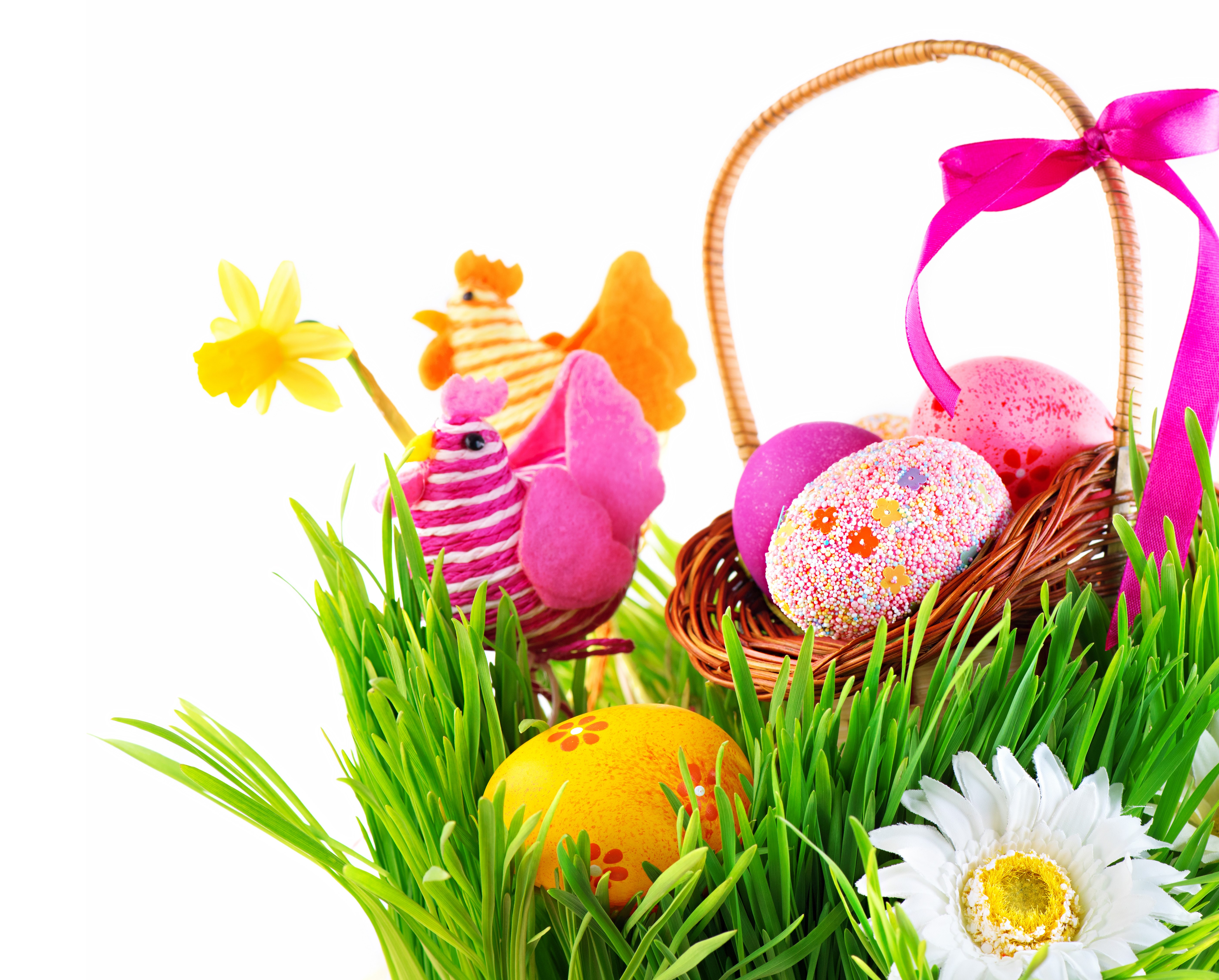Easter basket with decorated eggs and chickens HD Wallpaper