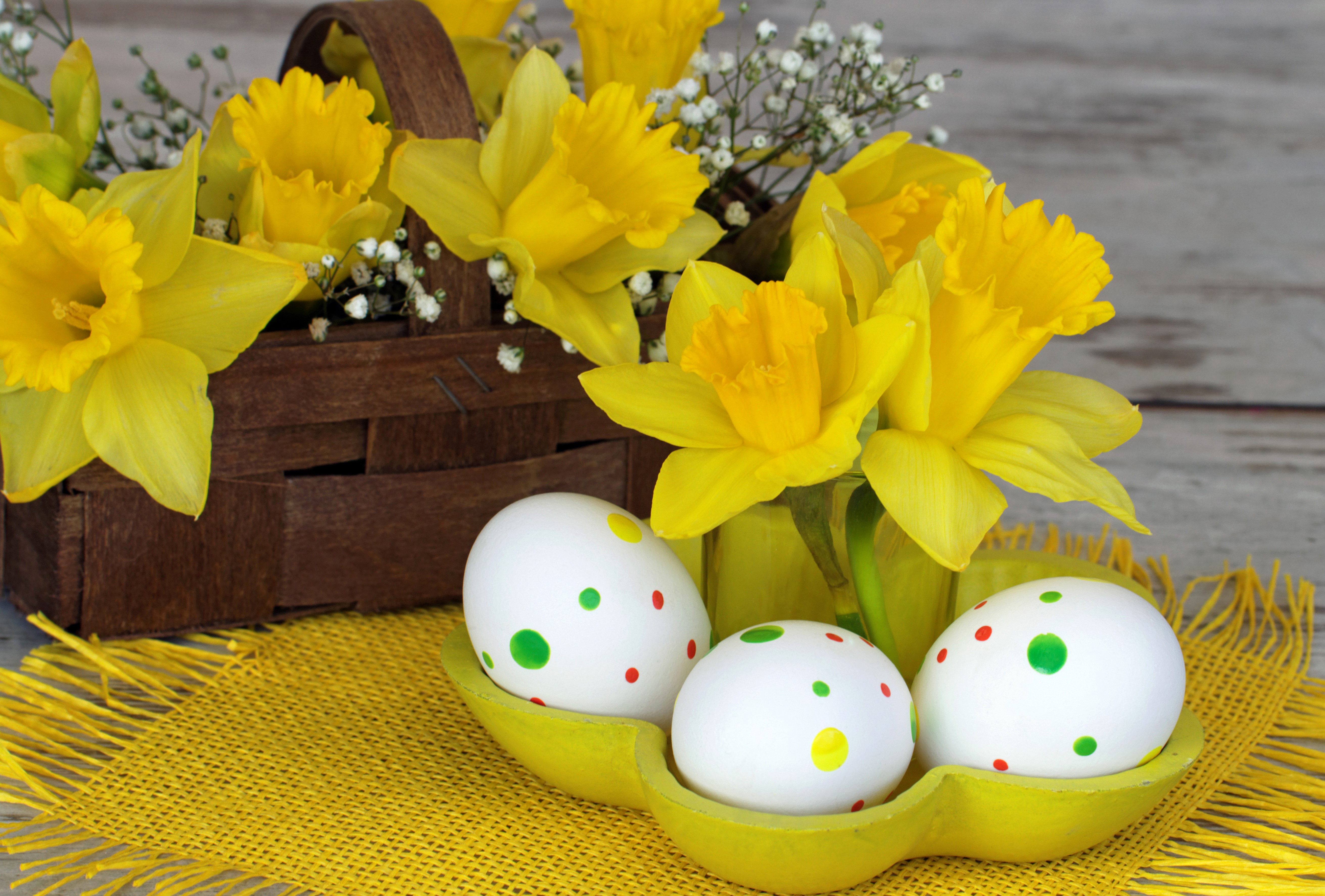 Easter Daffodils and Painted Eggs in Basket HD Wallpaper