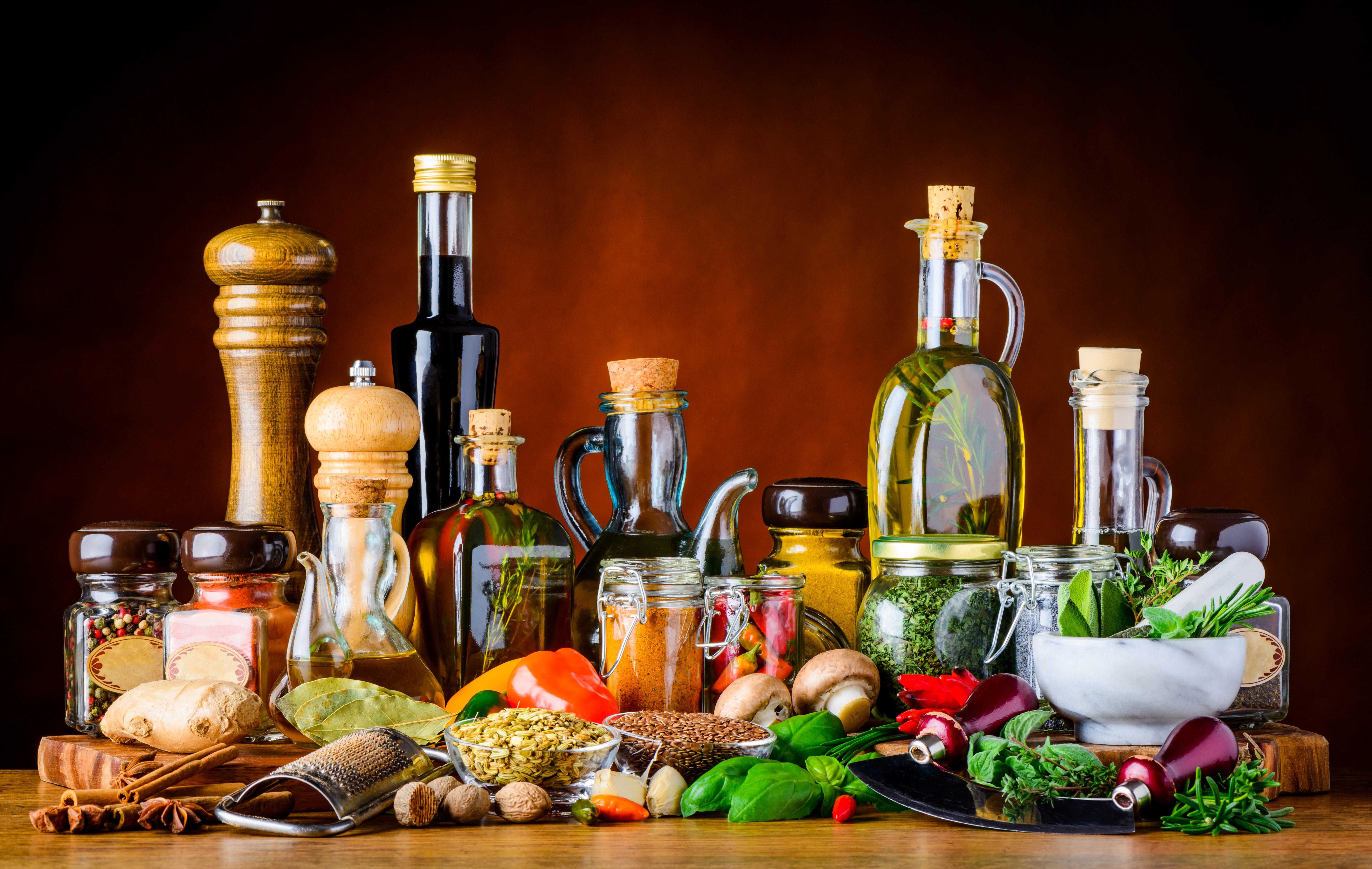 Collection of spices, oils, and vegetables HD Wallpaper