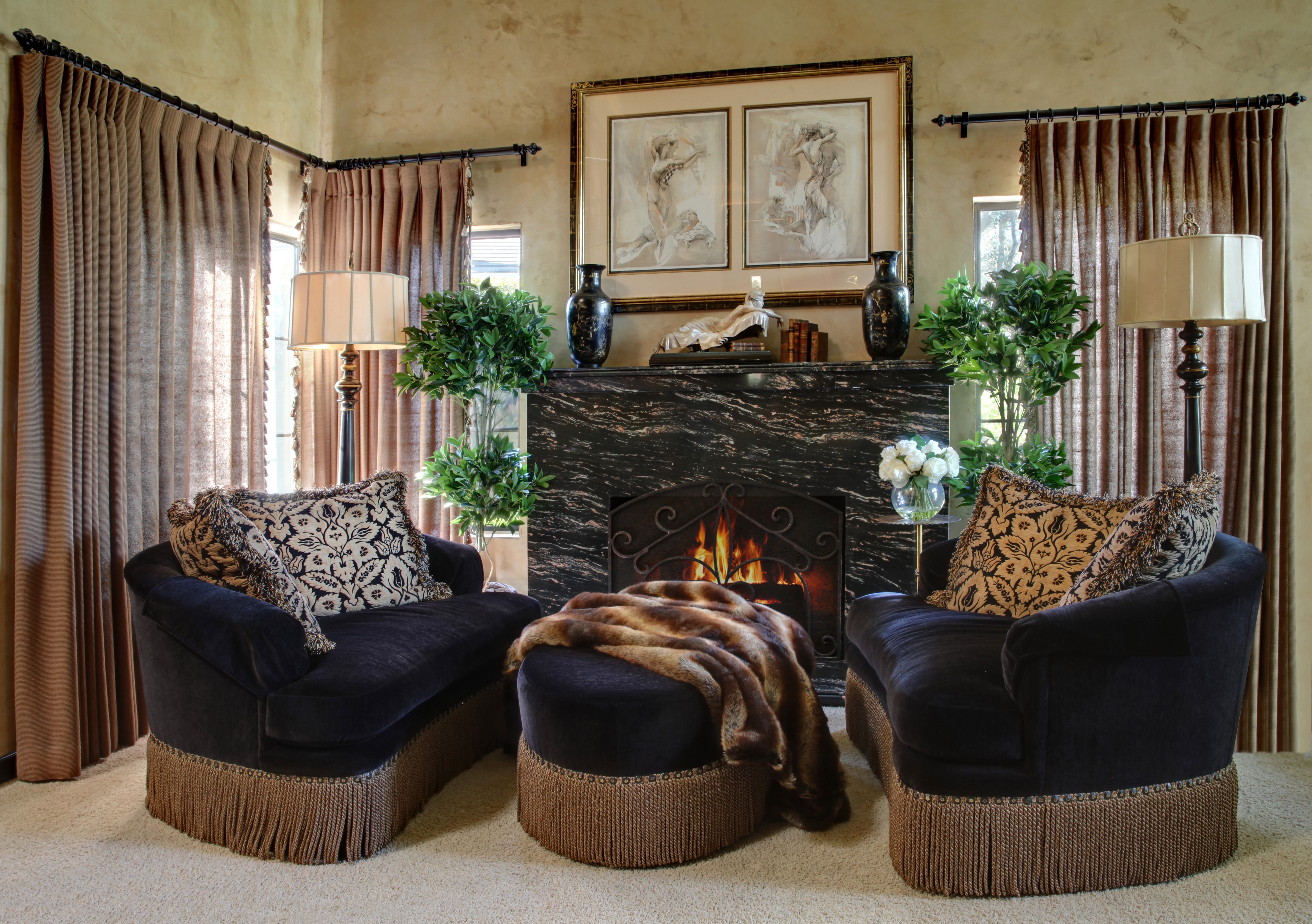 Living room with fireplace, sofas, and lamps HD Wallpaper
