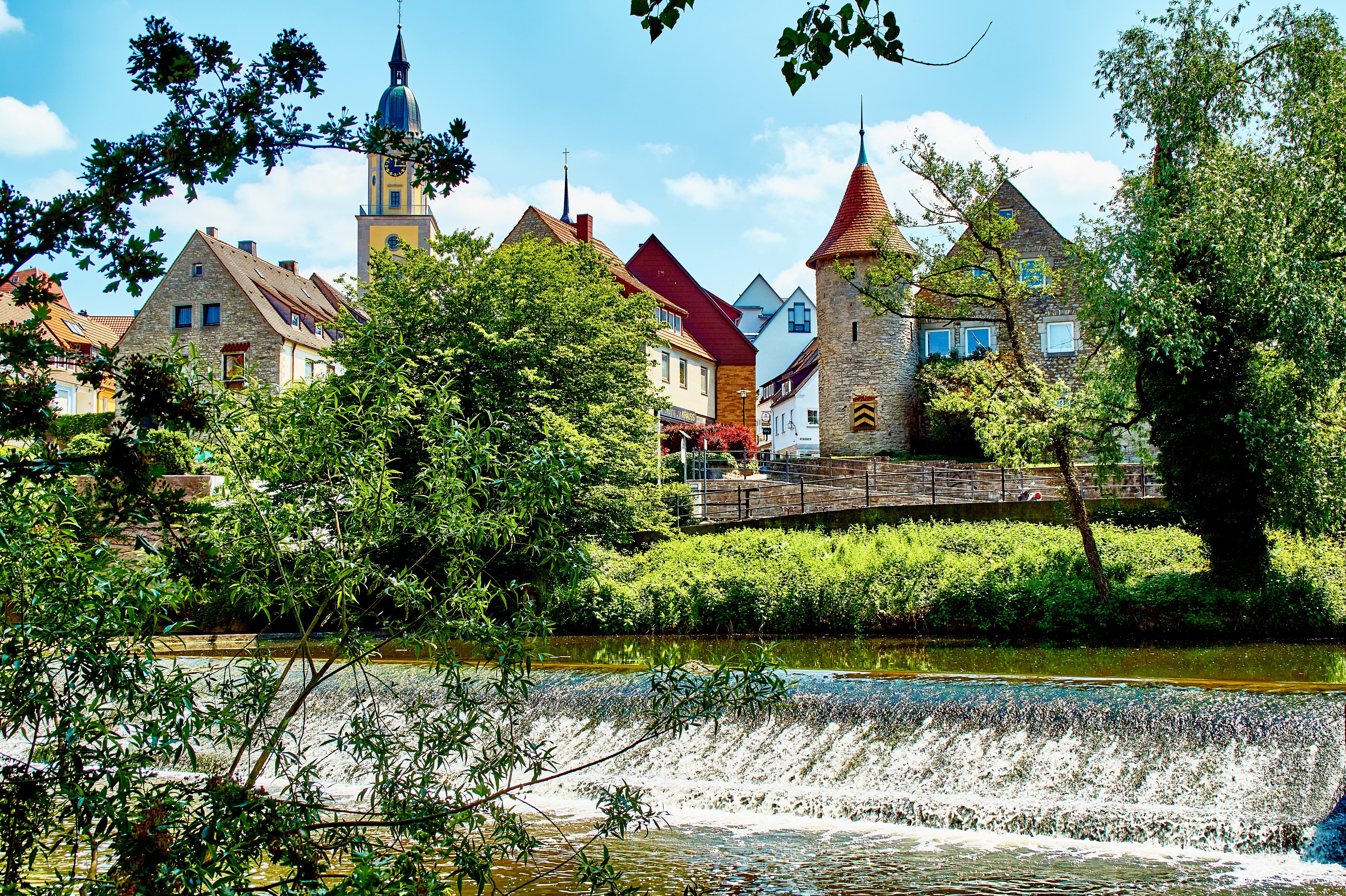 Crailsheim Germany Houses and Waterfall HD Wallpaper