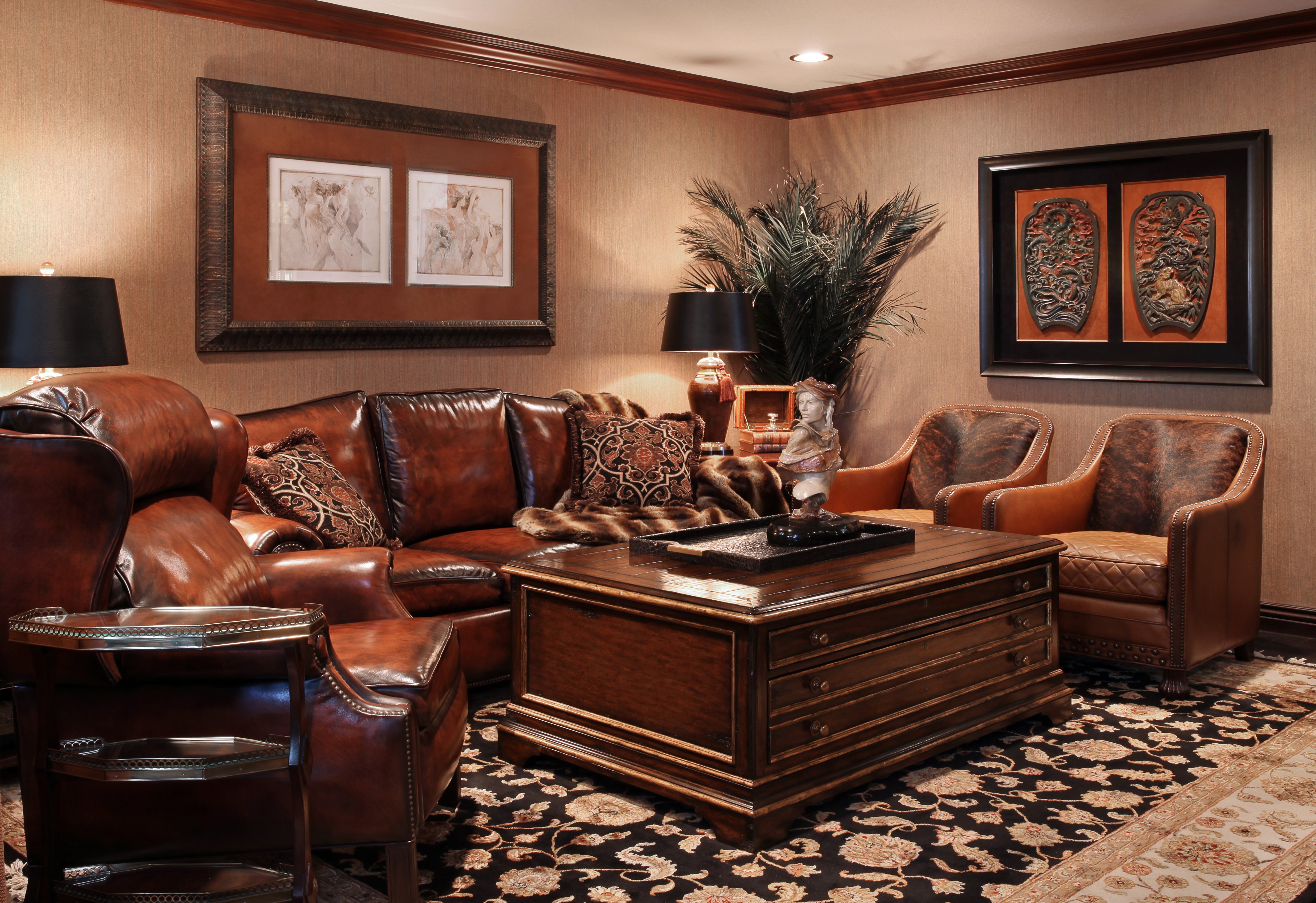 Living room with leather sofa and armchairs HD Wallpaper