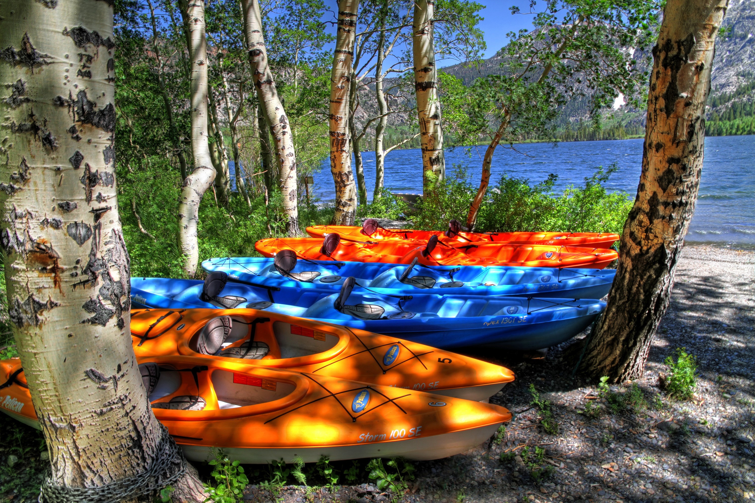 Kayaks lined up by a lake in June Lake, California HD Wallpaper