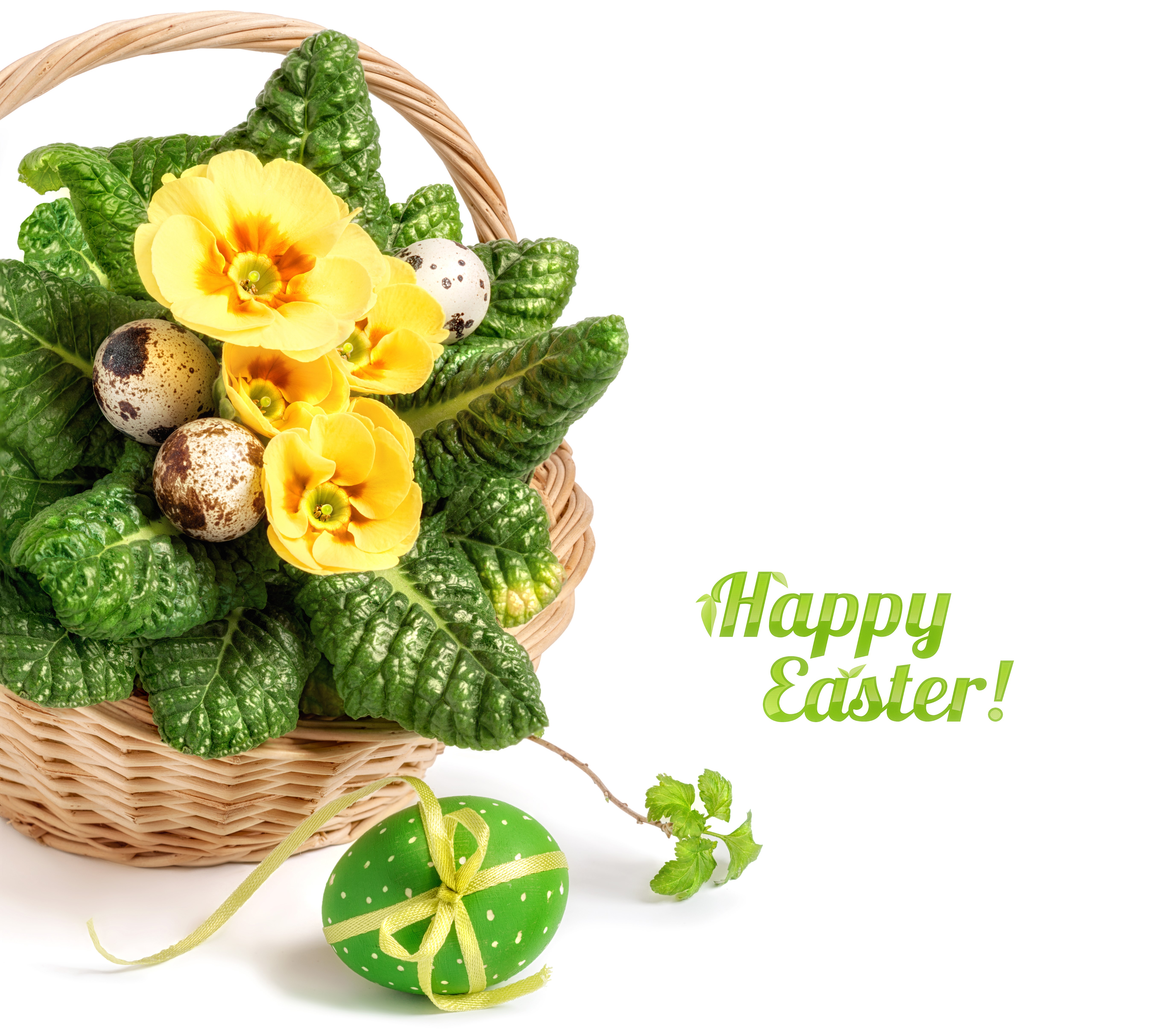 Easter basket with yellow primroses and eggs HD Wallpaper