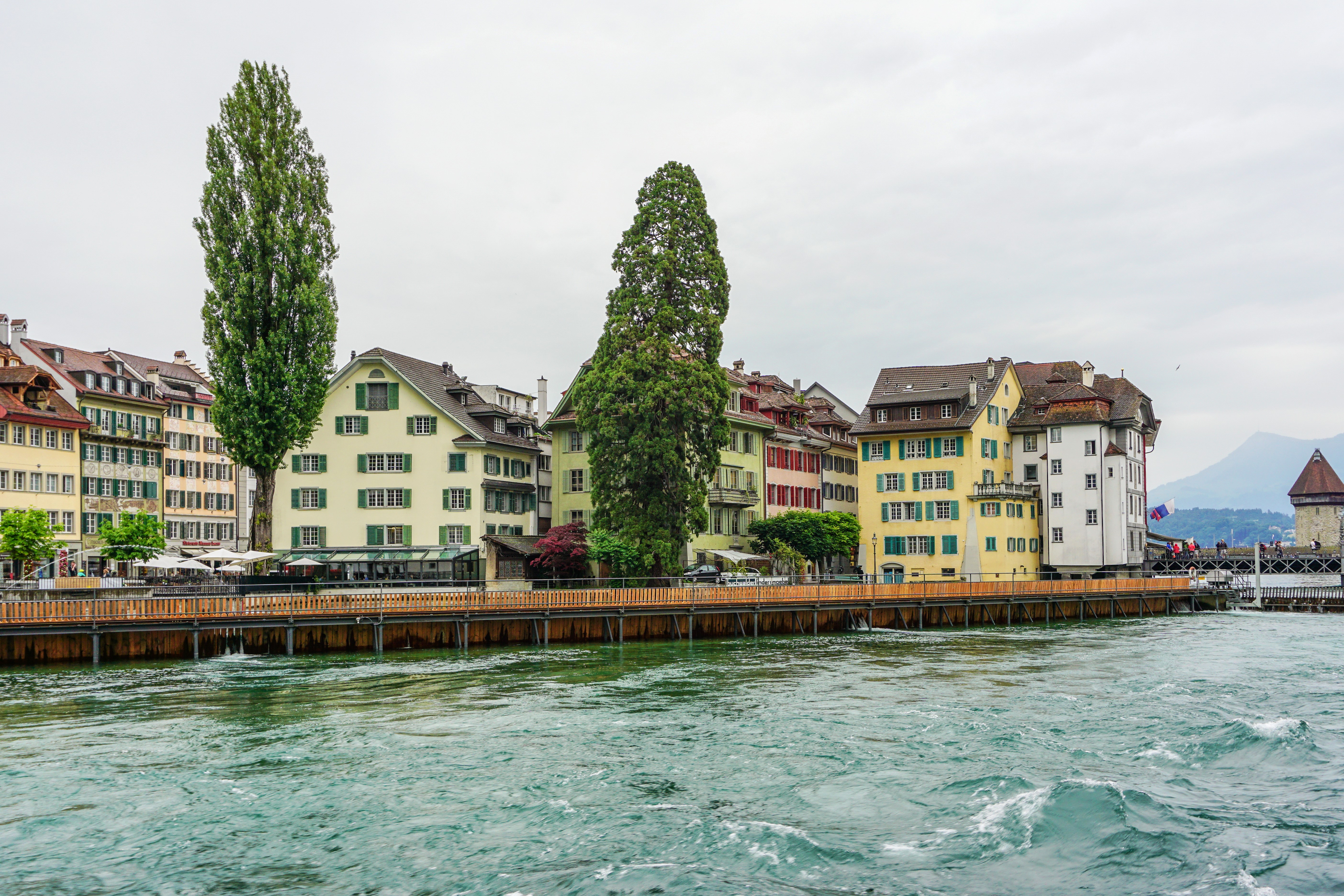 Houses on the Reuss River in Lucerne, Switzerland HD Wallpaper