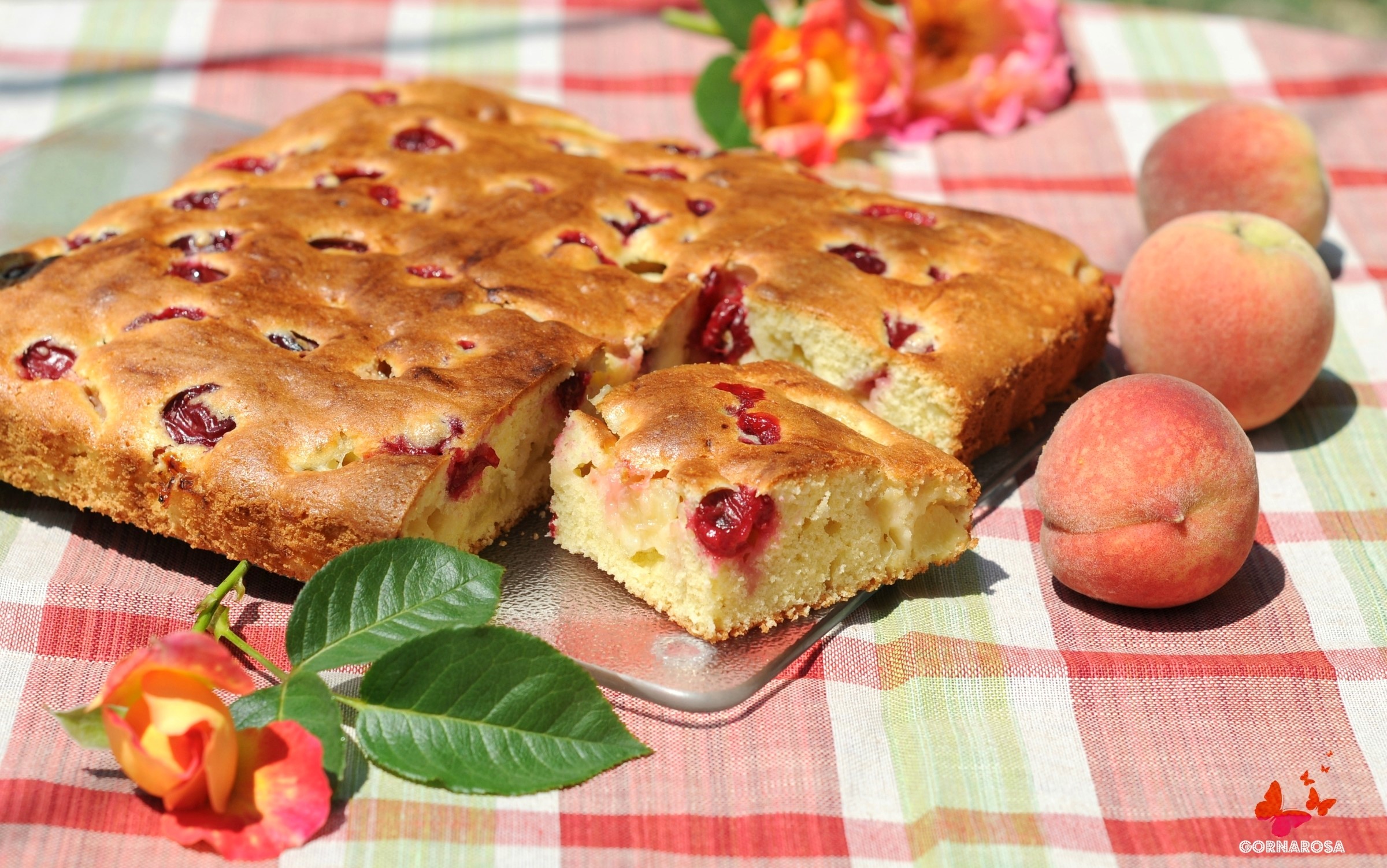Cherry and Peach Cake on a Plaid Tablecloth HD Wallpaper