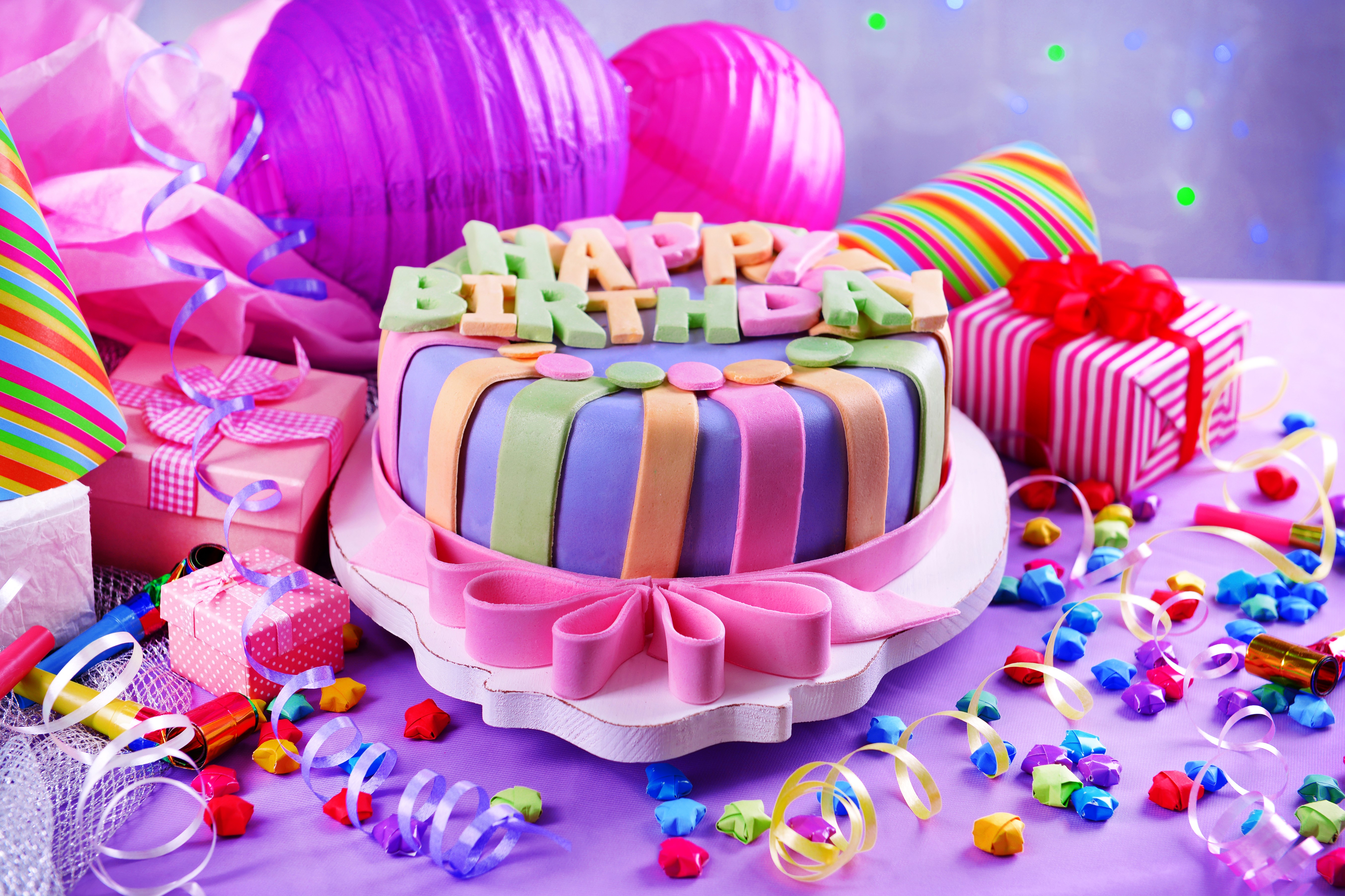 Birthday Cake with Gifts and Party Supplies HD Wallpaper