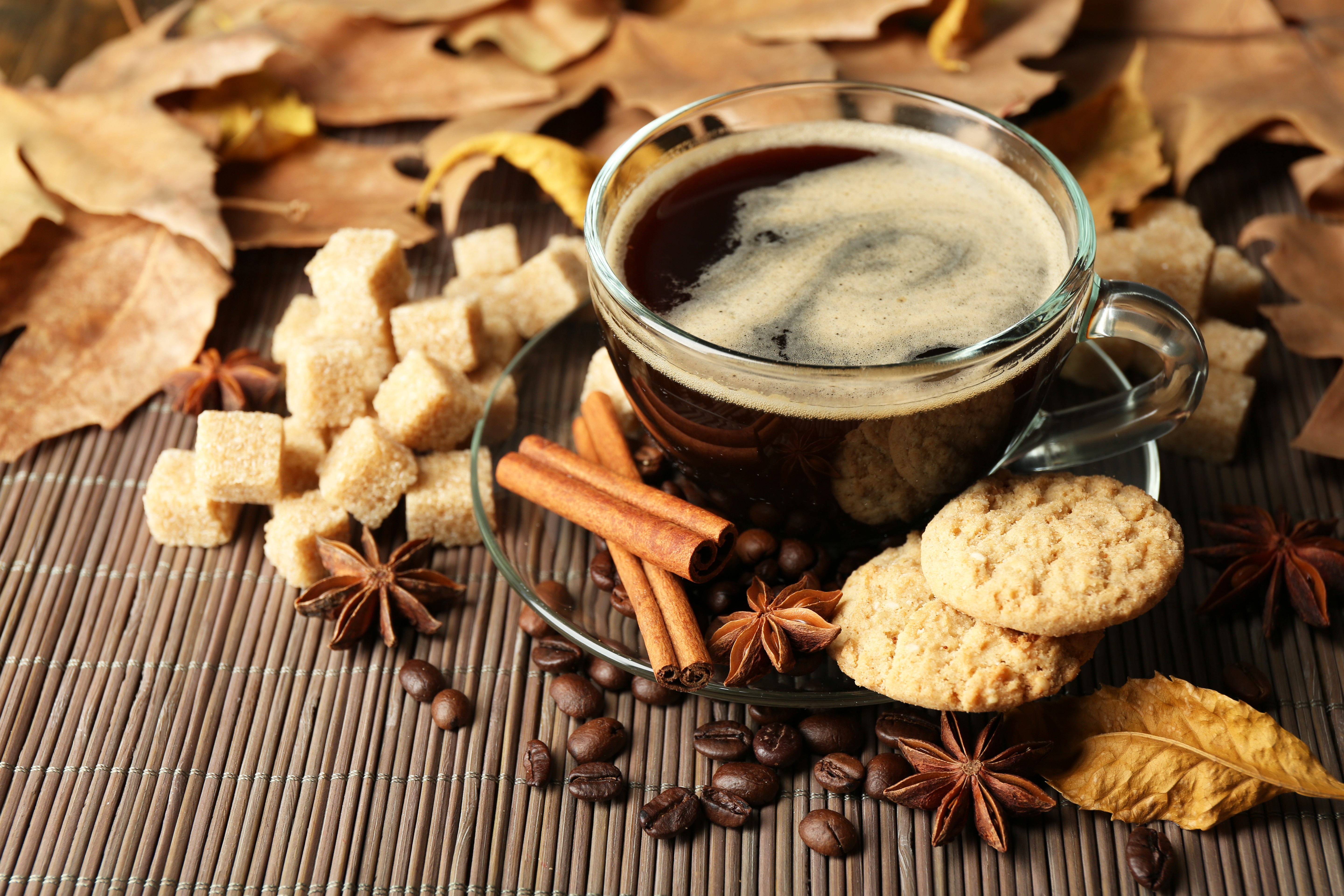 Coffee with cinnamon, star anise, sugar cubes, and cookies HD Wallpaper