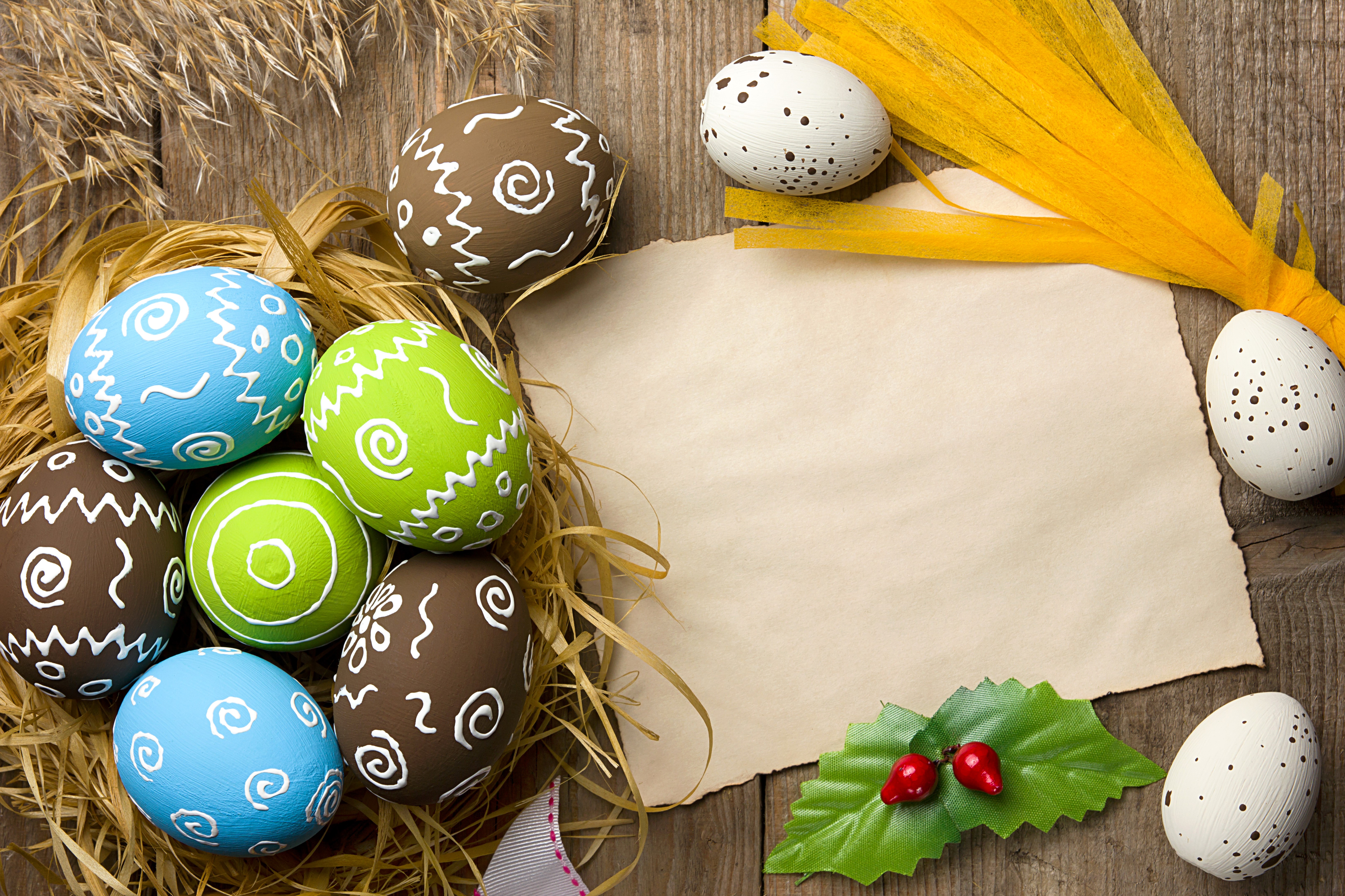 Easter Eggs on Wooden Background with Blank Paper HD Wallpaper