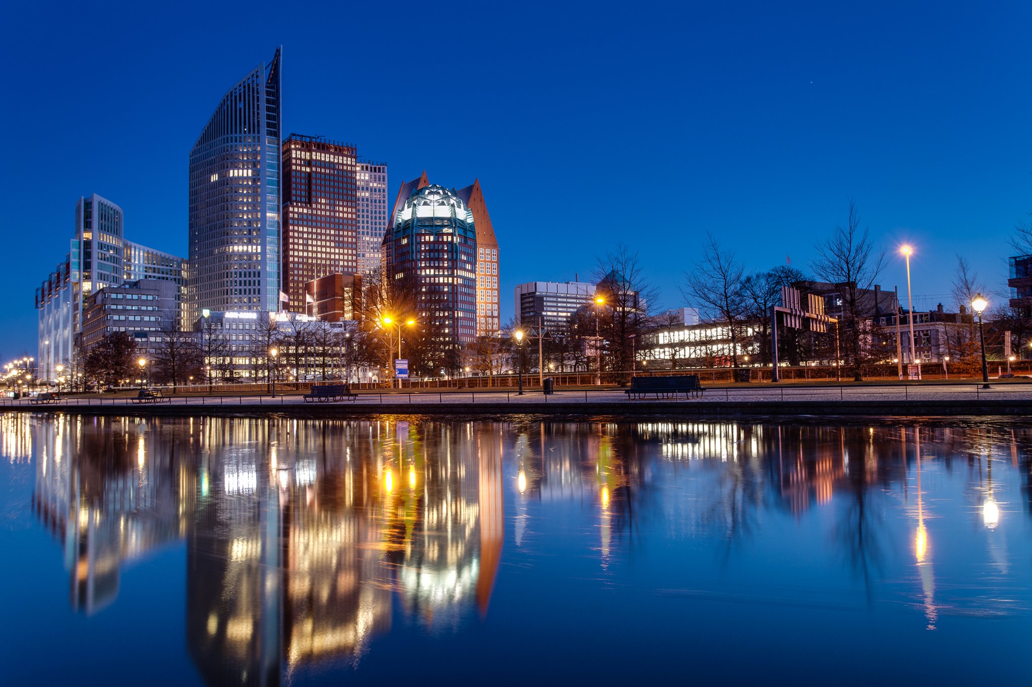 The Hague, Netherlands Skyline at Night with Reflections HD Wallpaper