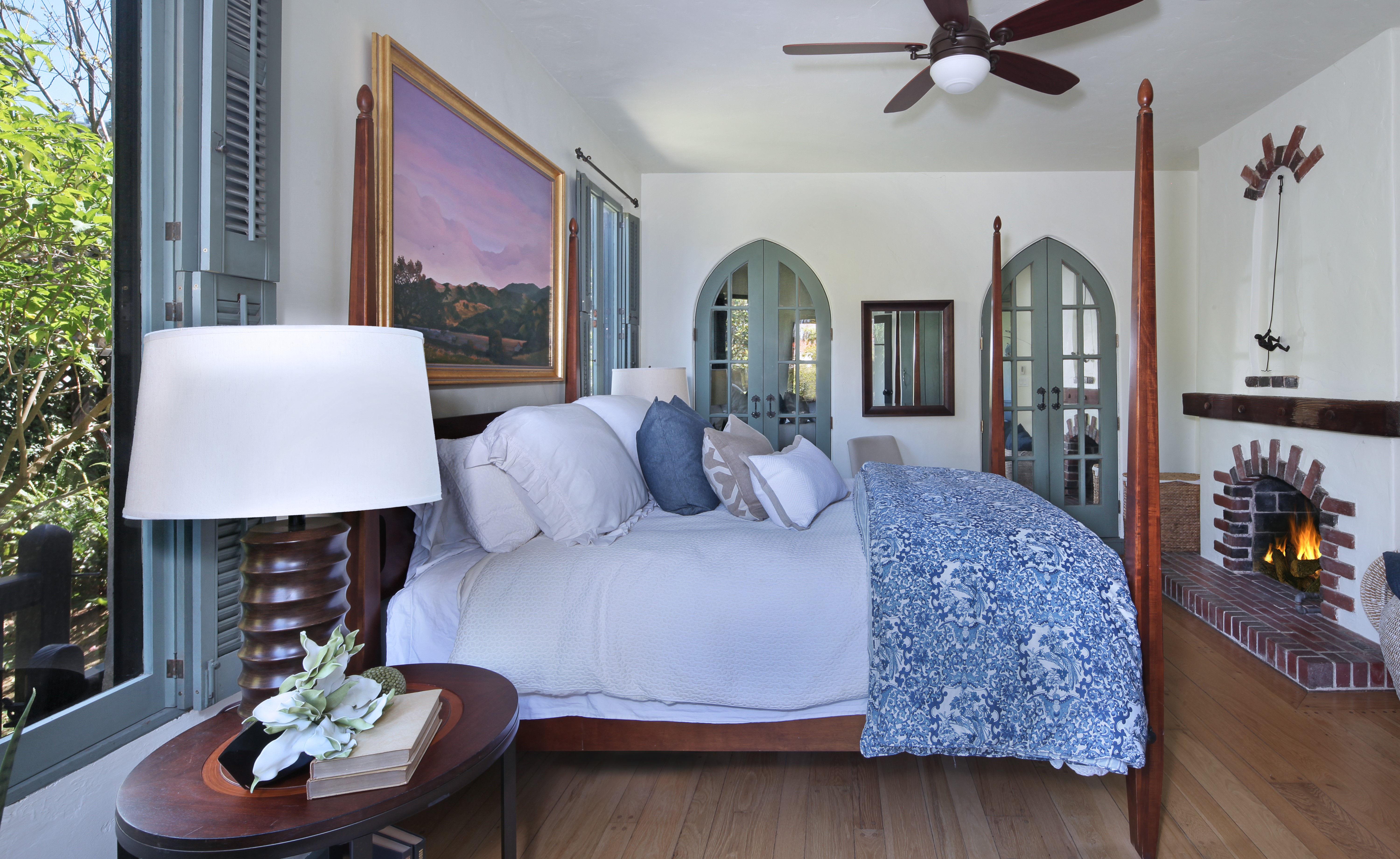 Bedroom with Four-Poster Bed and Fireplace HD Wallpaper