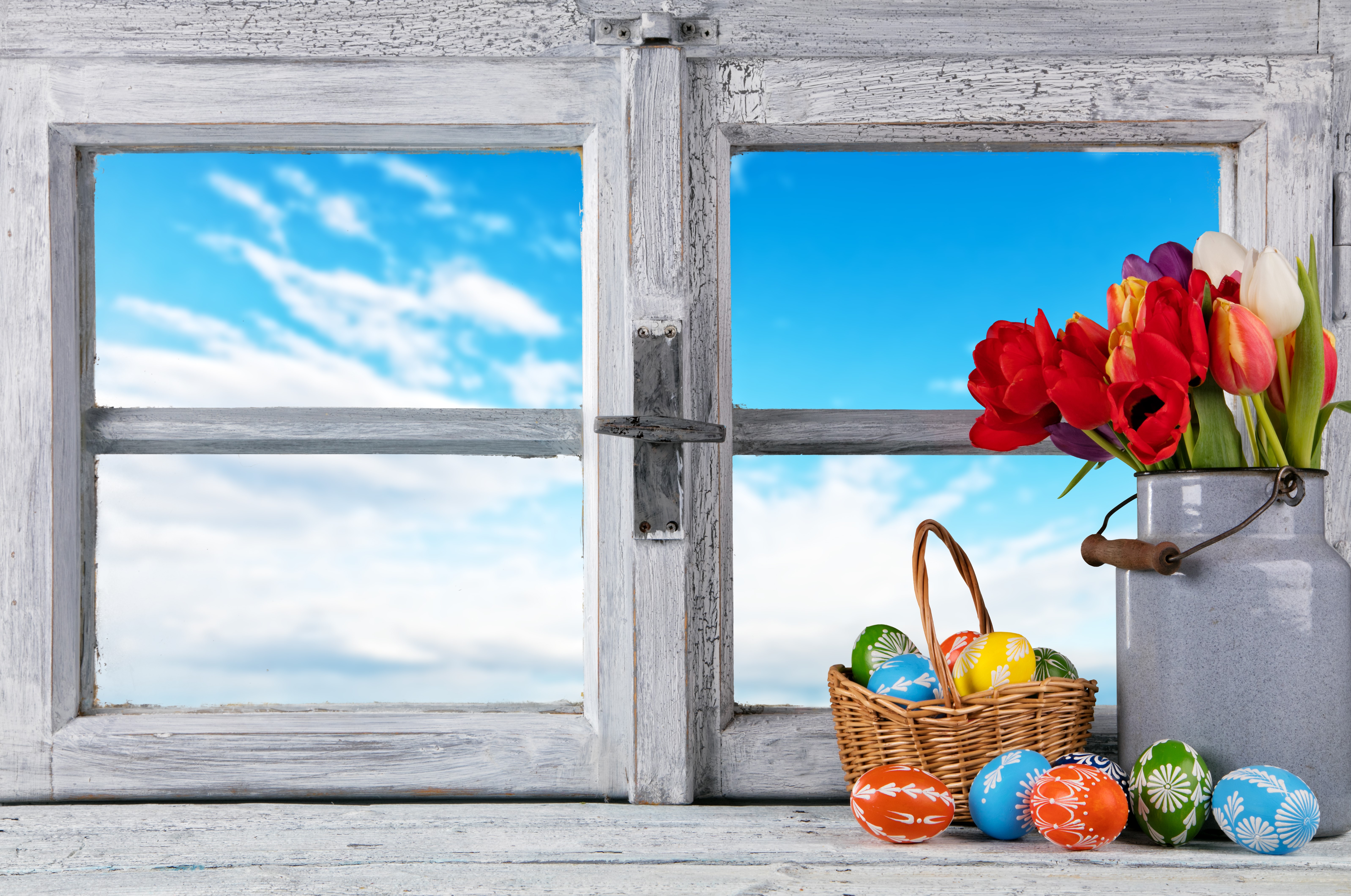 Easter Tulips and Eggs by the Window HD Wallpaper