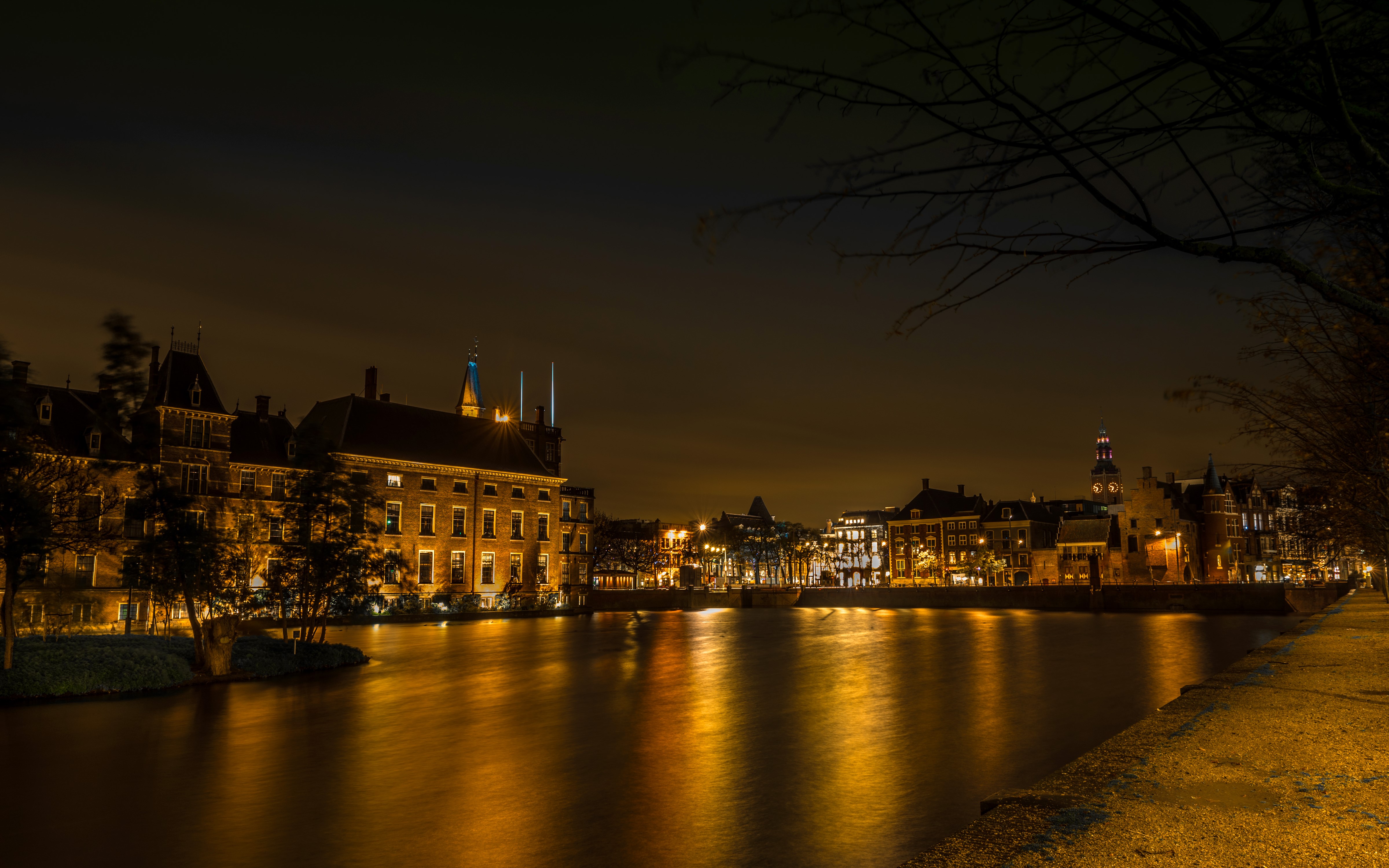 The Hague Netherlands Buildings and River at Night HD Wallpaper