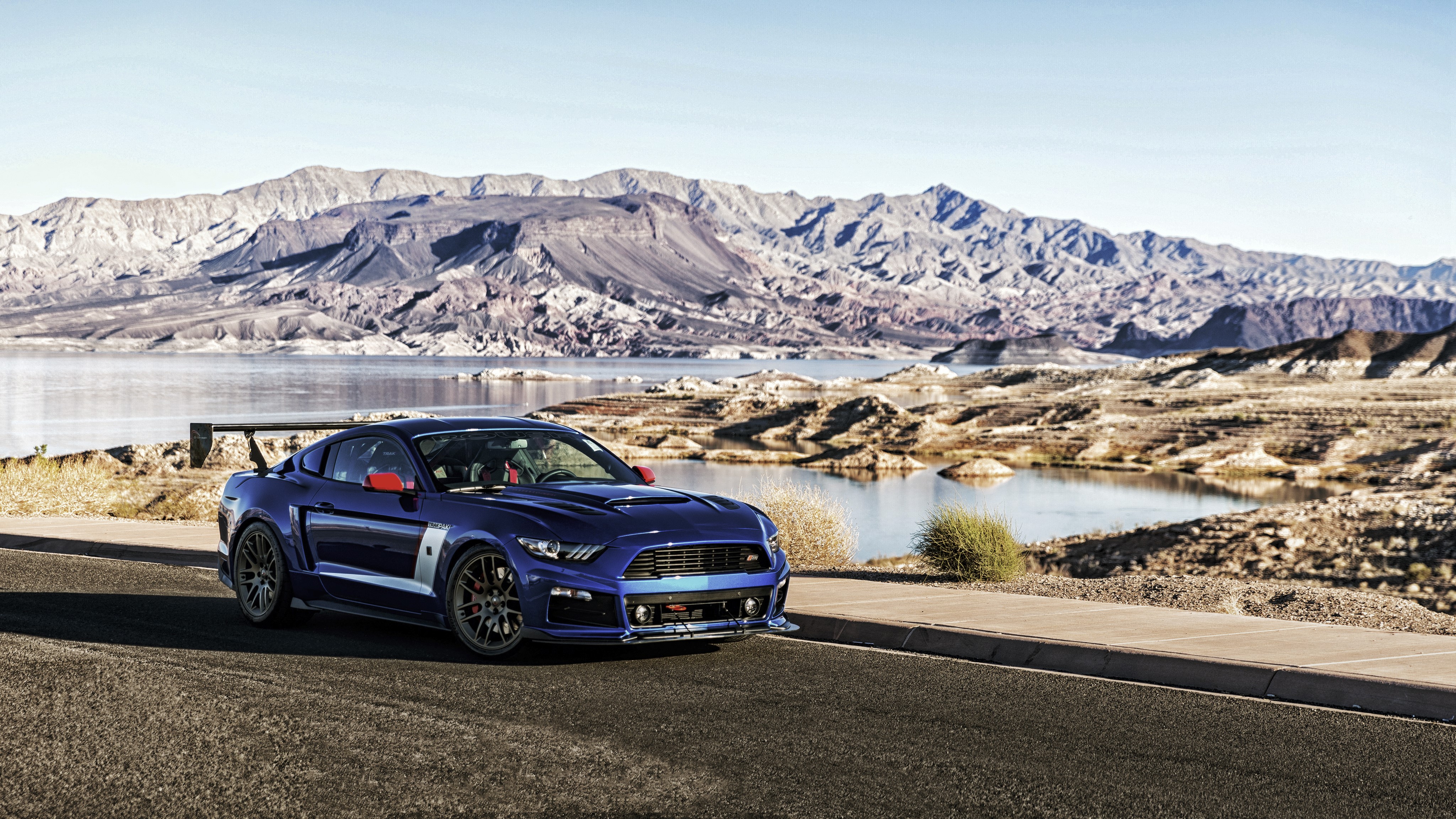 4K Blue Ford Mustang Roush Stage 3 by a Lake HD Wallpaper