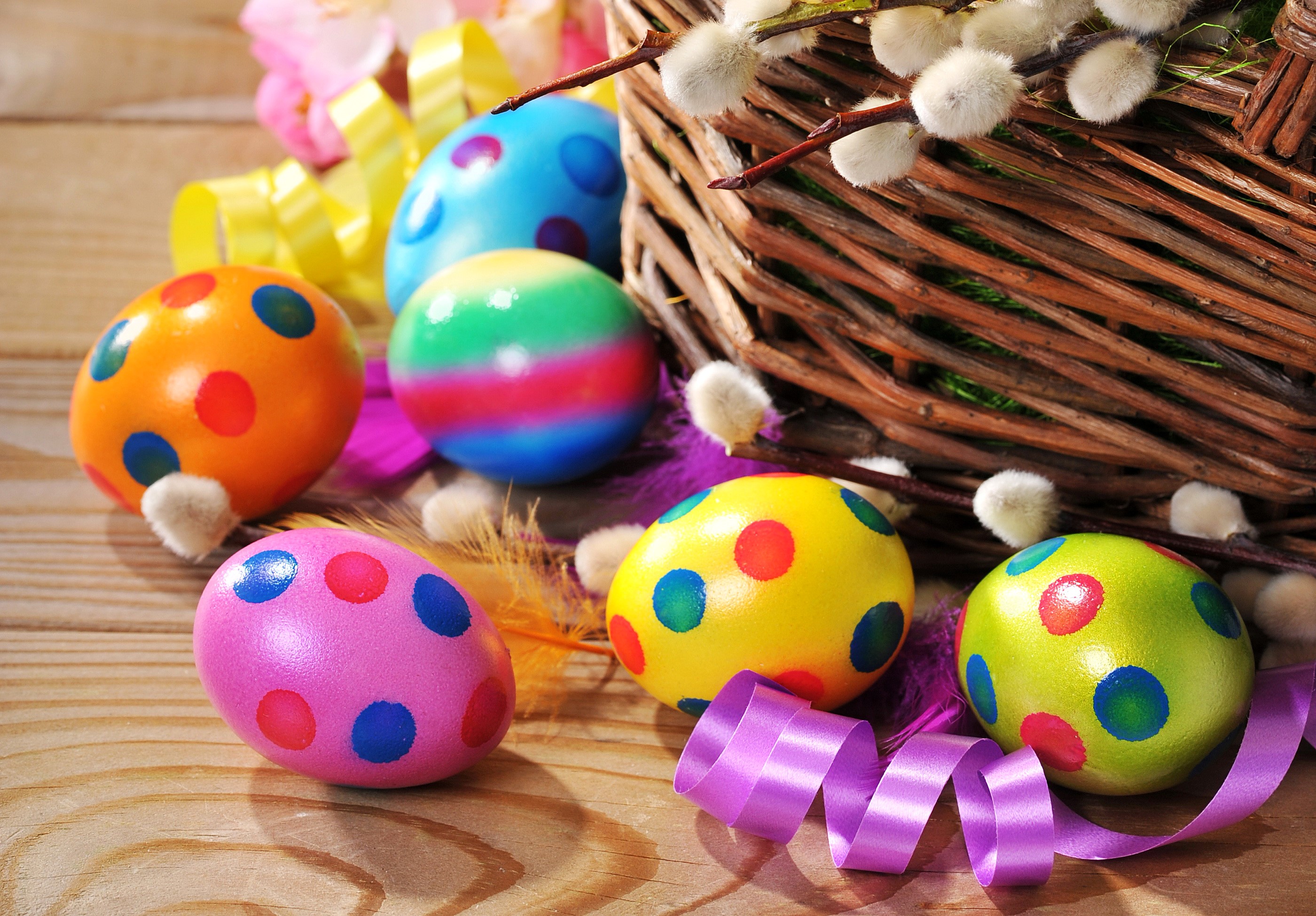 Easter eggs and basket with pussy willows HD Wallpaper