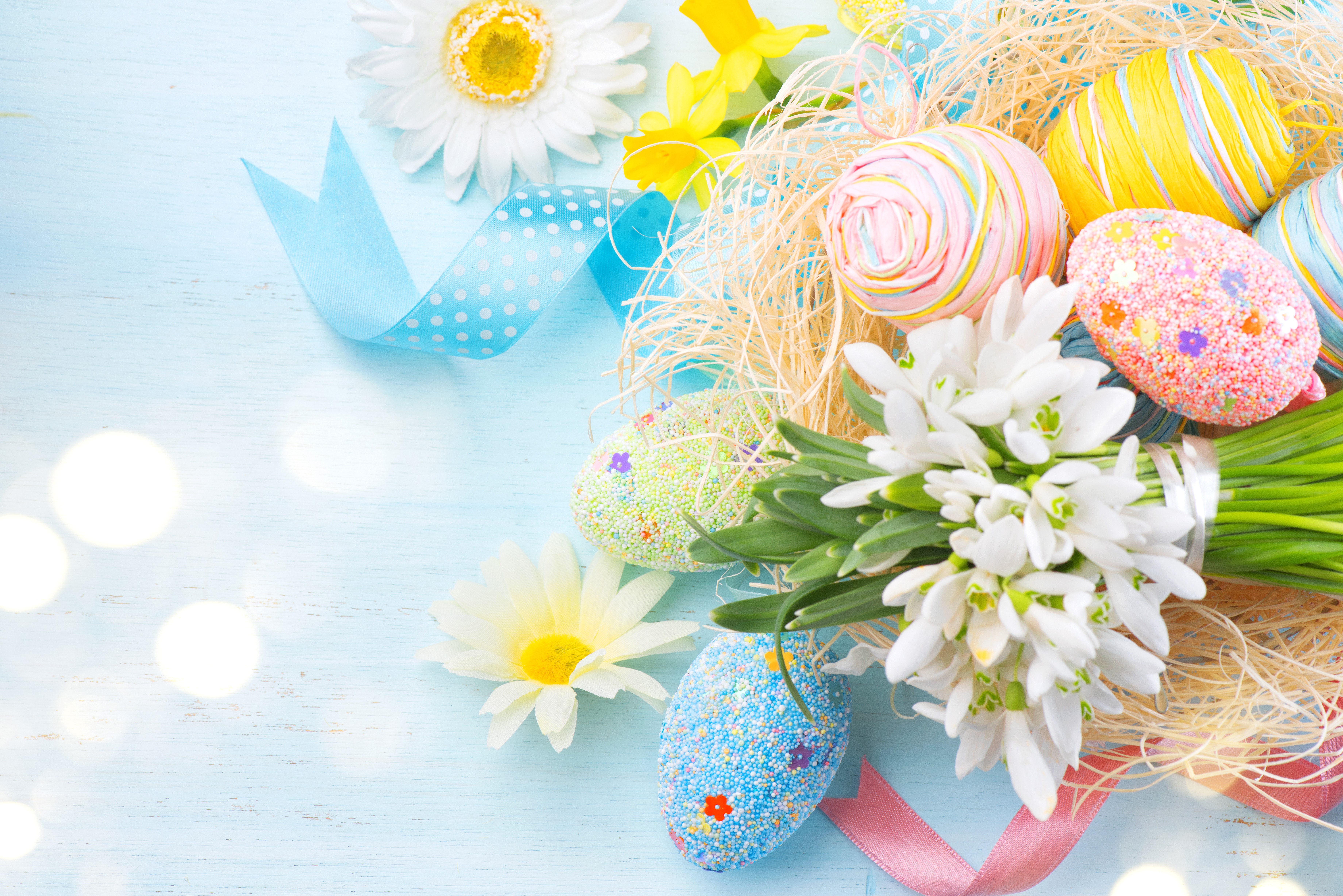 Easter Eggs with Snowdrops and Daisies HD Wallpaper