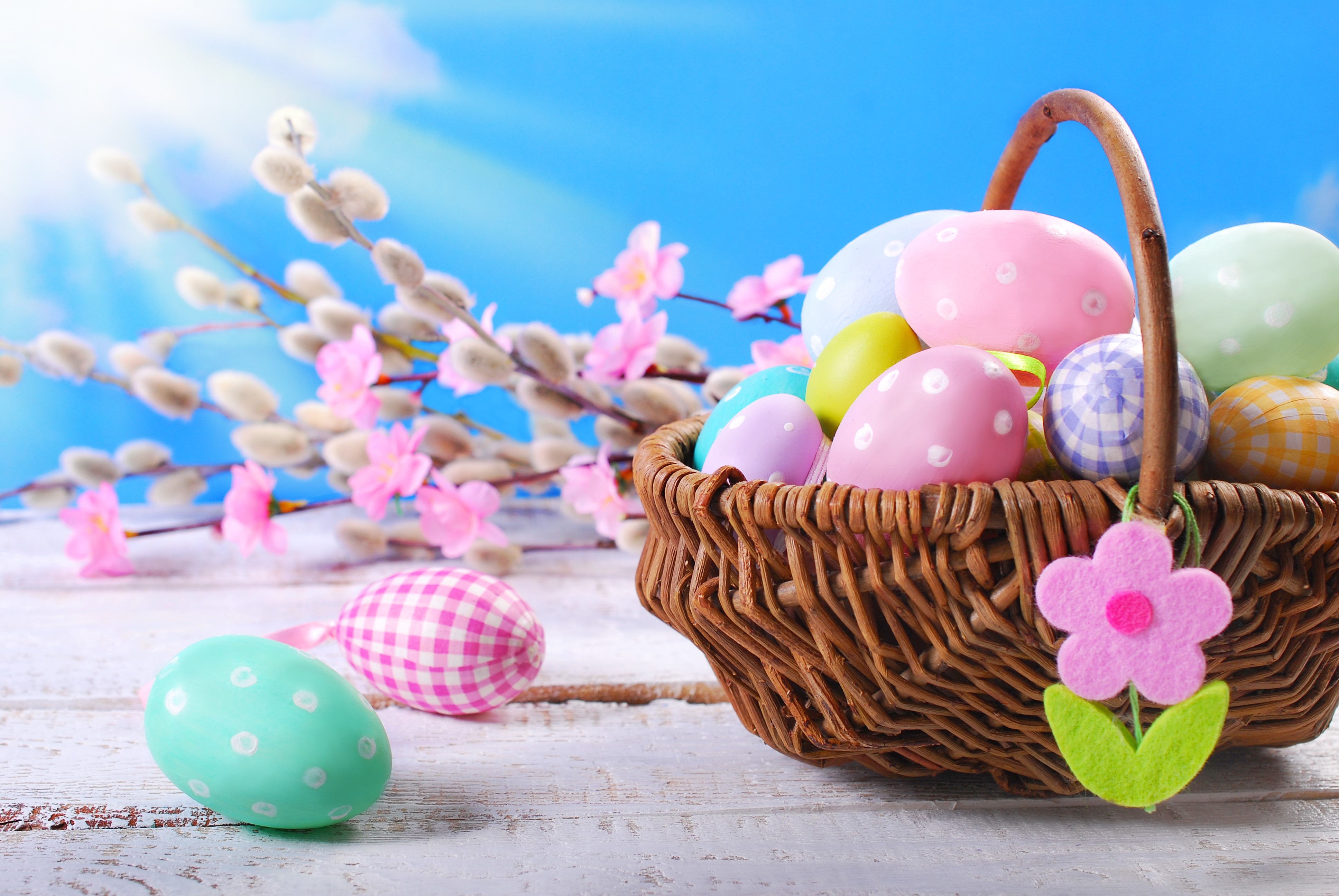 Easter Eggs in a Wicker Basket with Pussy Willows HD Wallpaper
