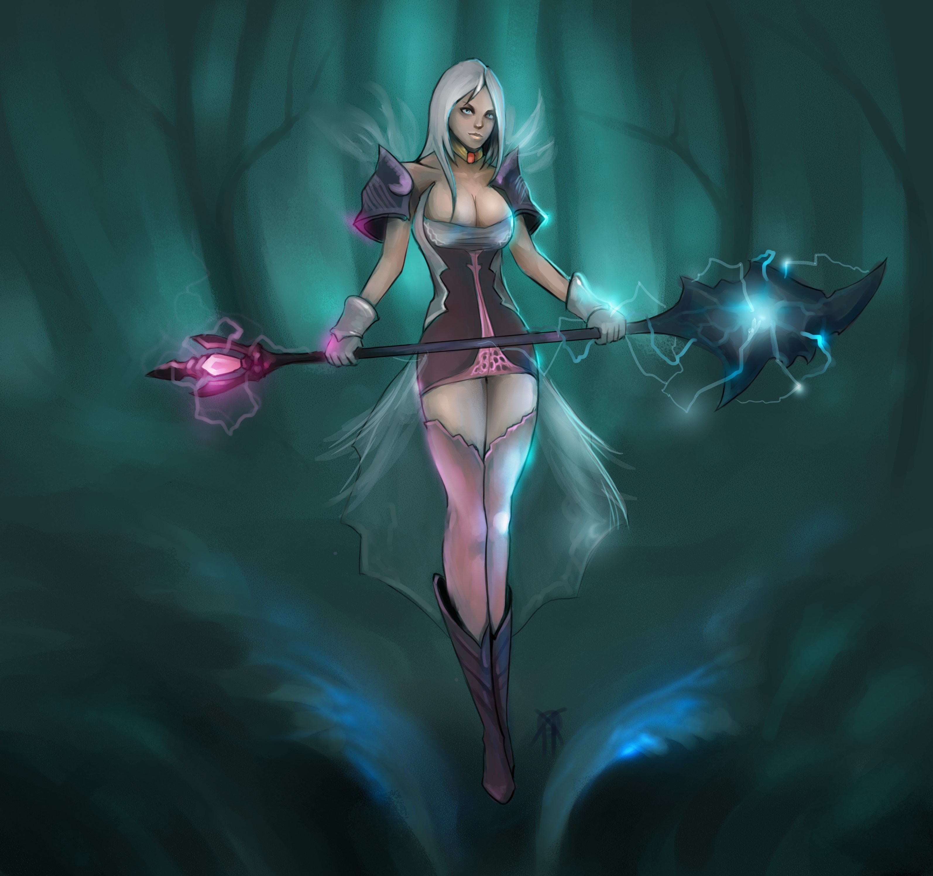 Woman with magic staff in dark forest HD Wallpaper
