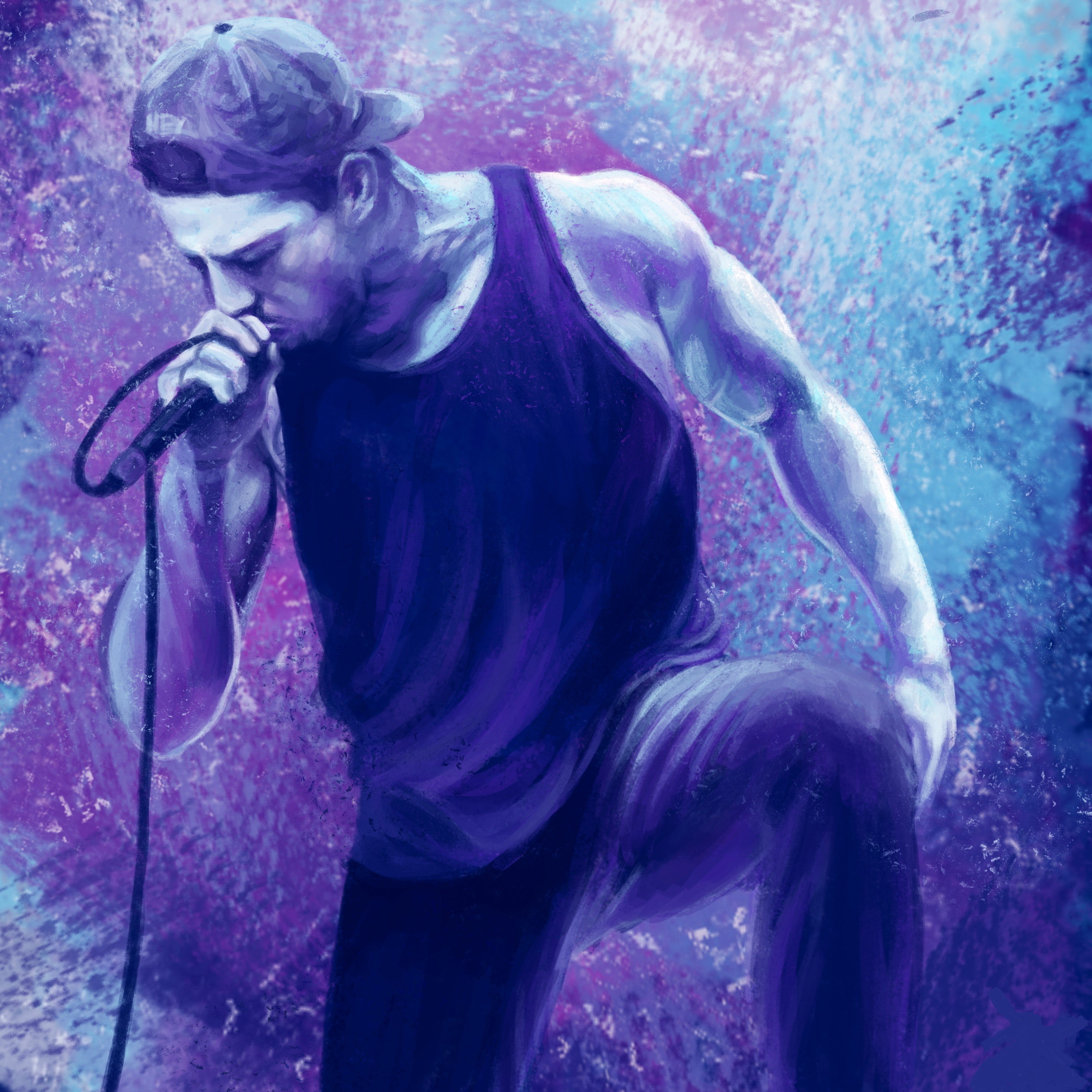 Man in singlet and baseball cap singing into microphone HD Wallpaper