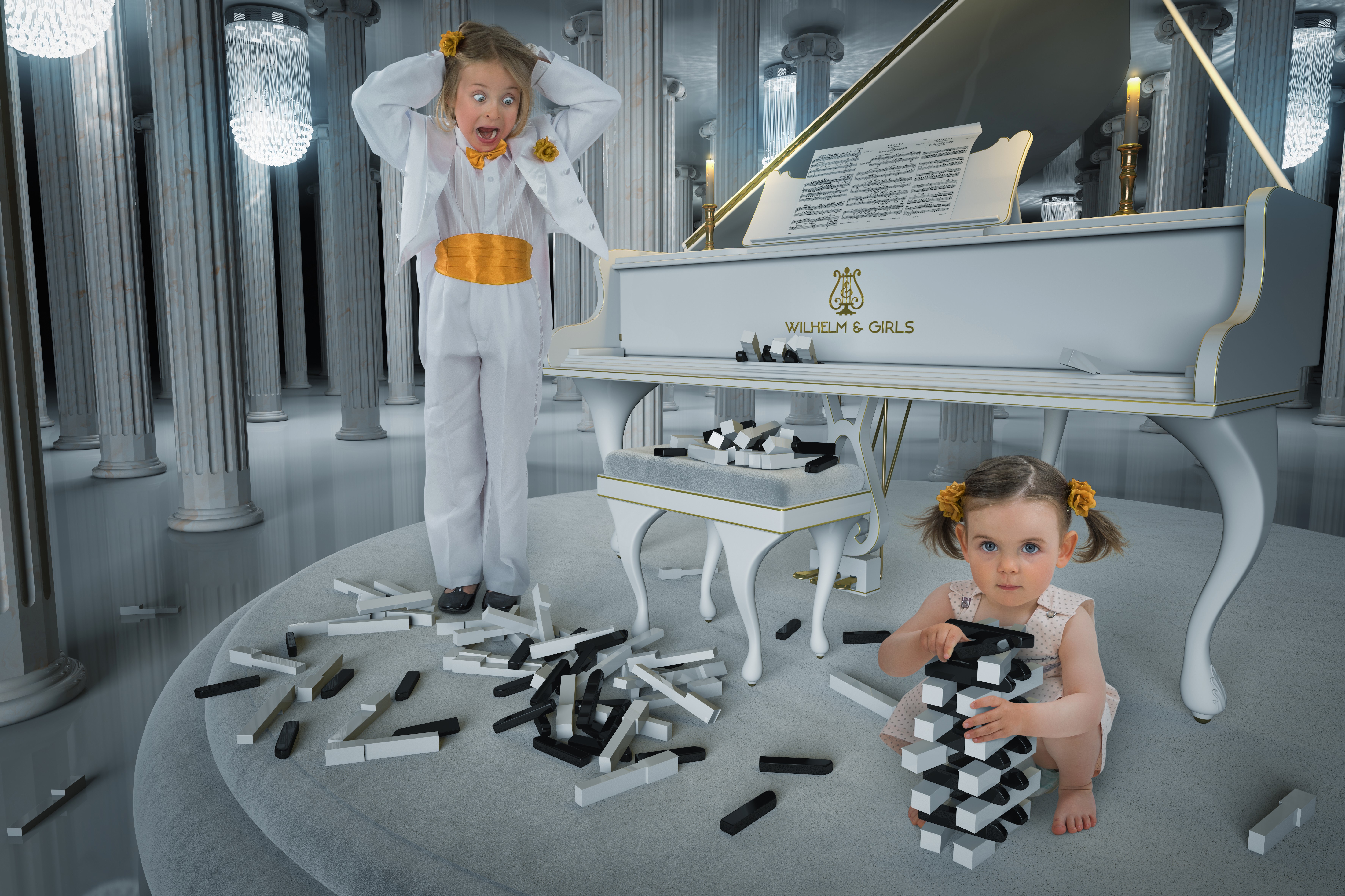 Two little girls with a piano and dominoes HD Wallpaper