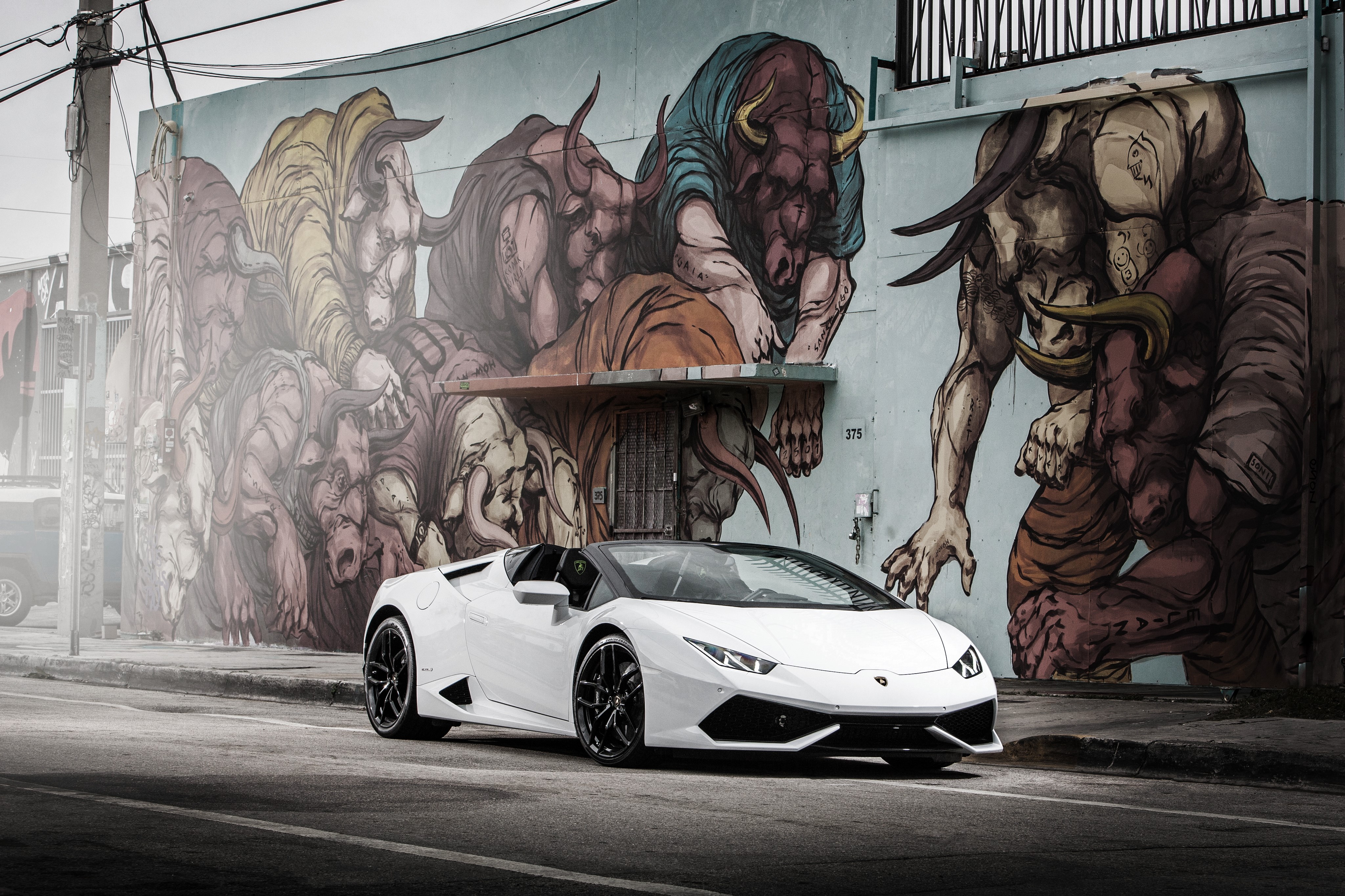 White Lamborghini Huracan parked in front of graffiti mural HD Wallpaper