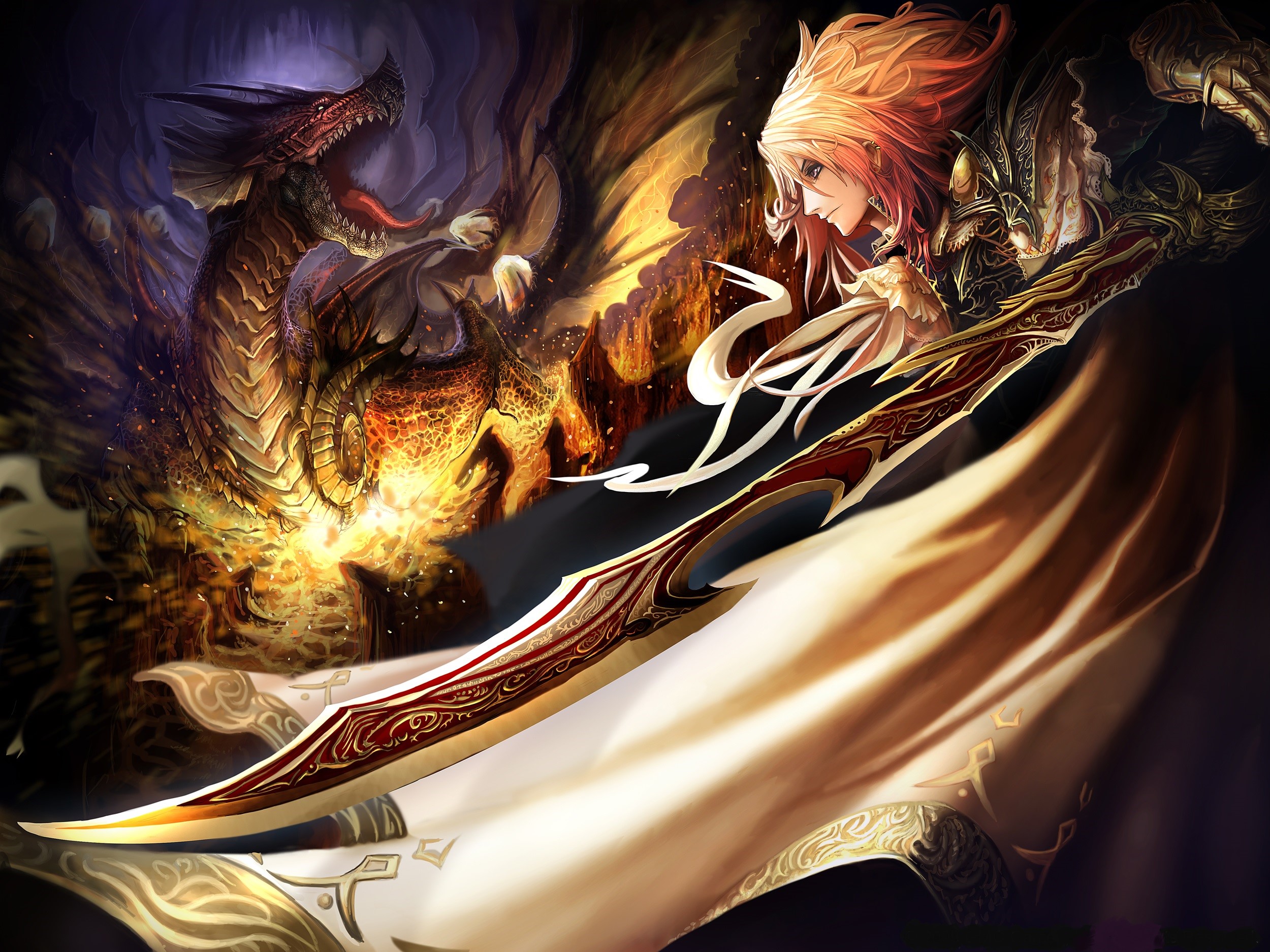 Dragon and warrior with ornate sword HD Wallpaper