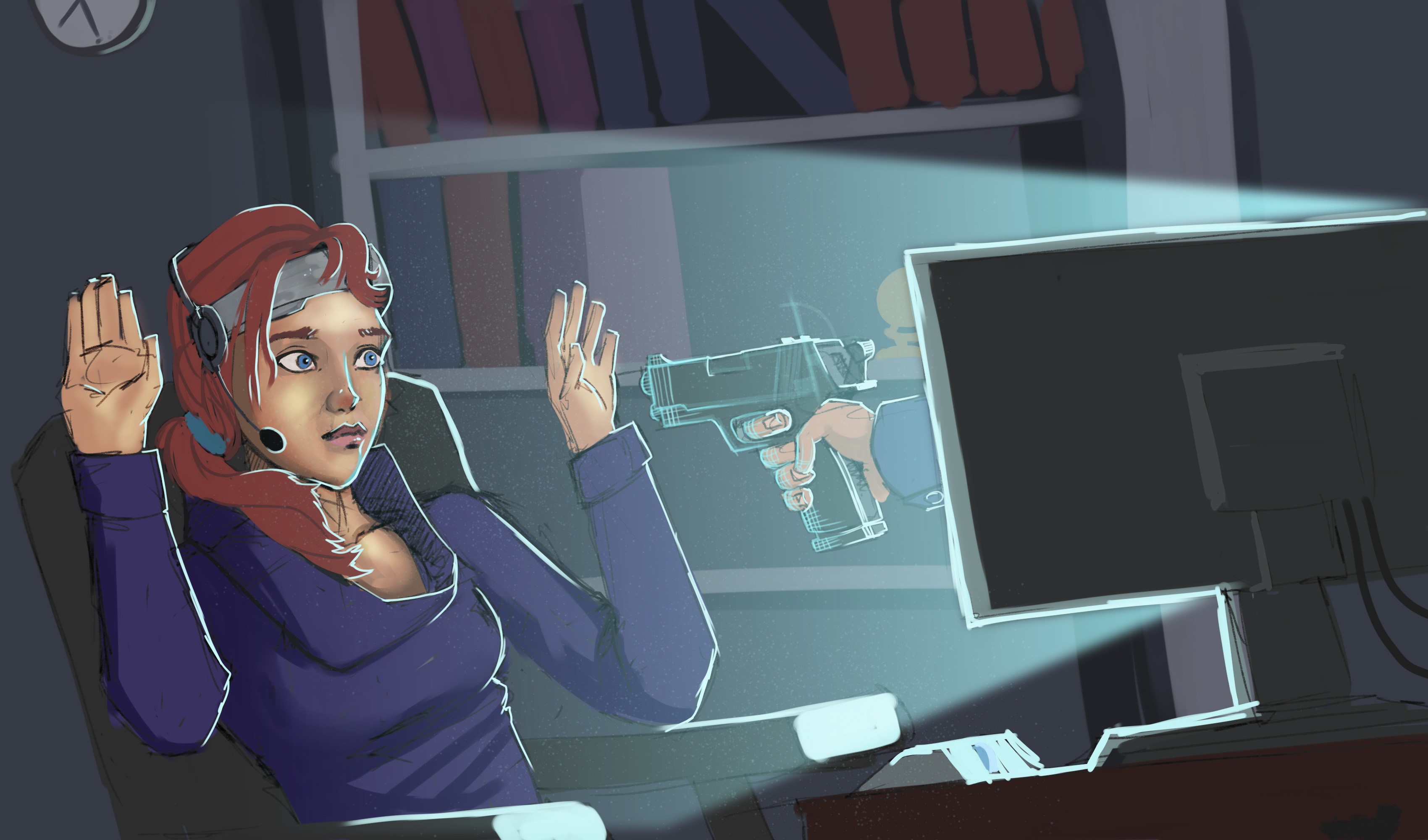 Redhead girl with headphones threatened by gun from computer HD Wallpaper