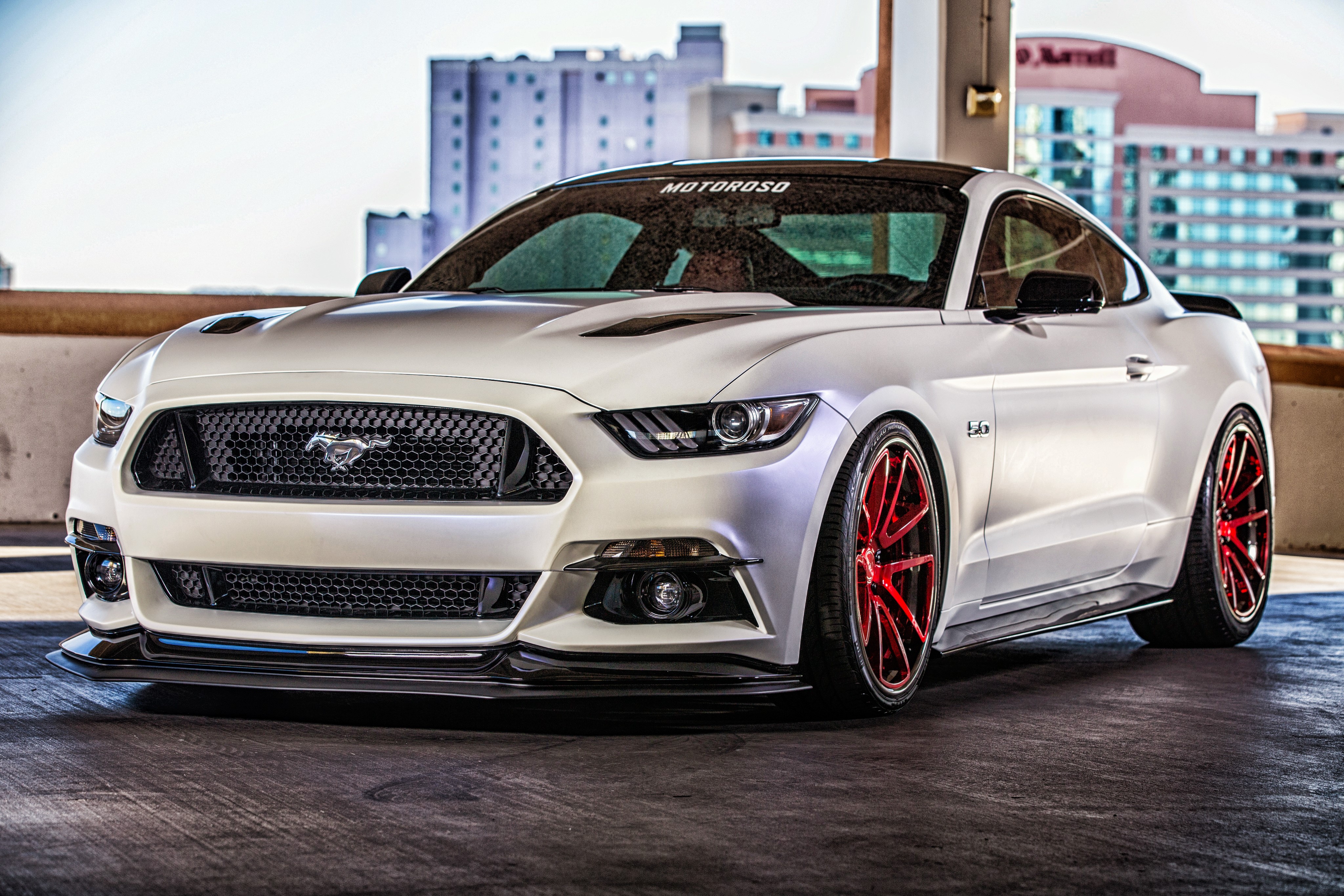 White Motoroso Ford Mustang with Red Wheels HD Wallpaper