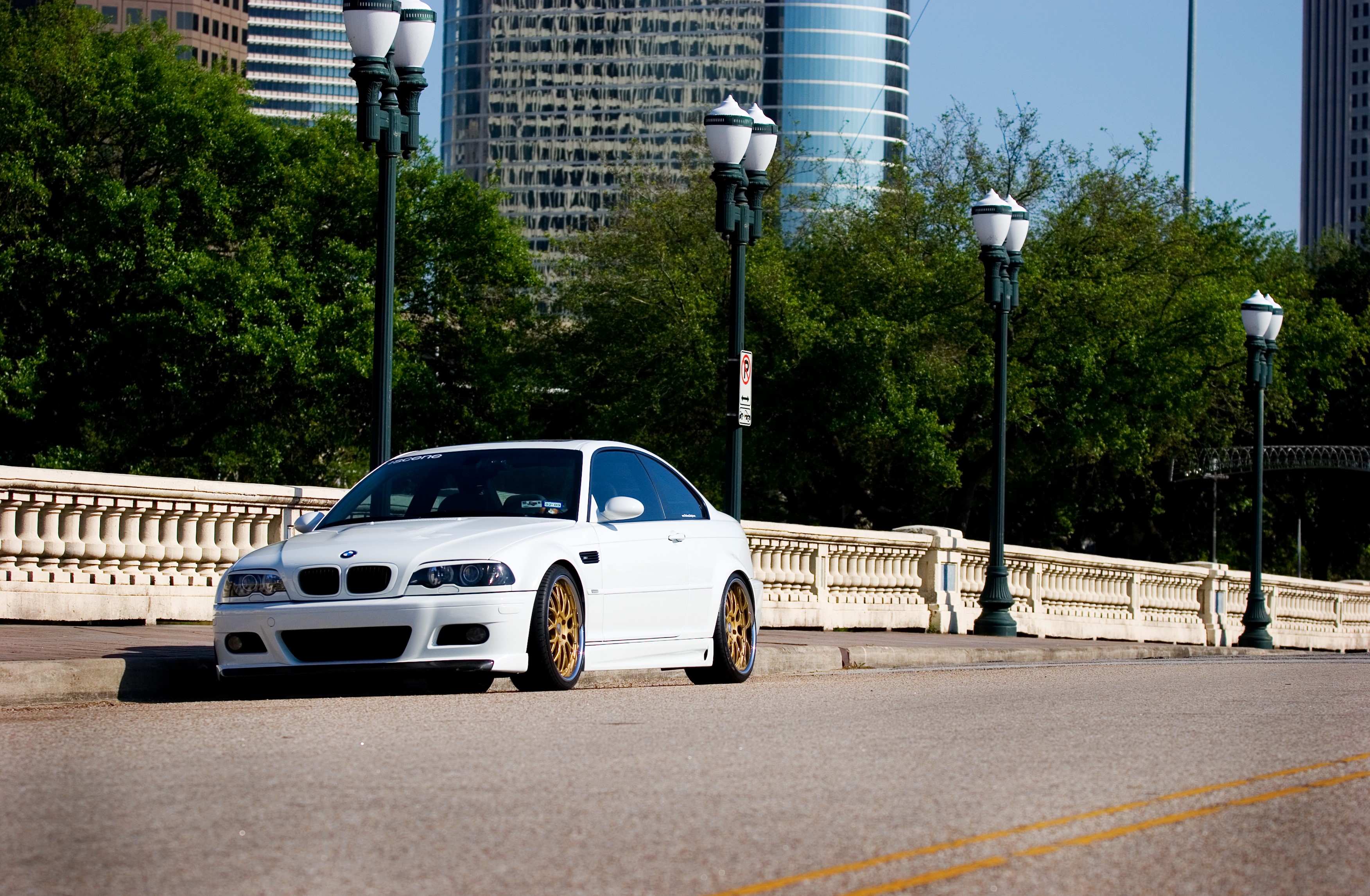 White BMW M3 E46 parked on a bridge with street lights HD Wallpaper