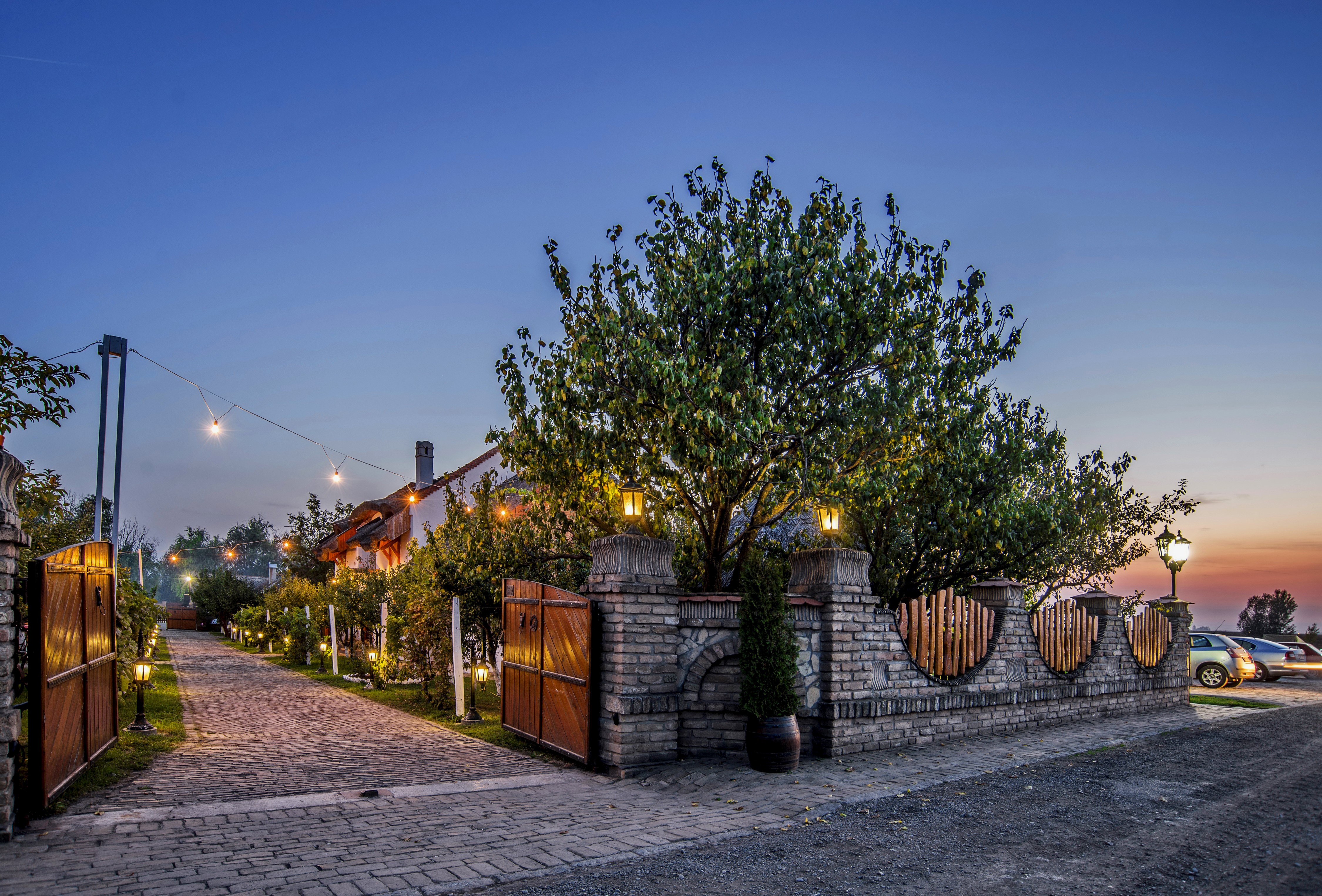Evening view of a house with a fence and street lights HD Wallpaper