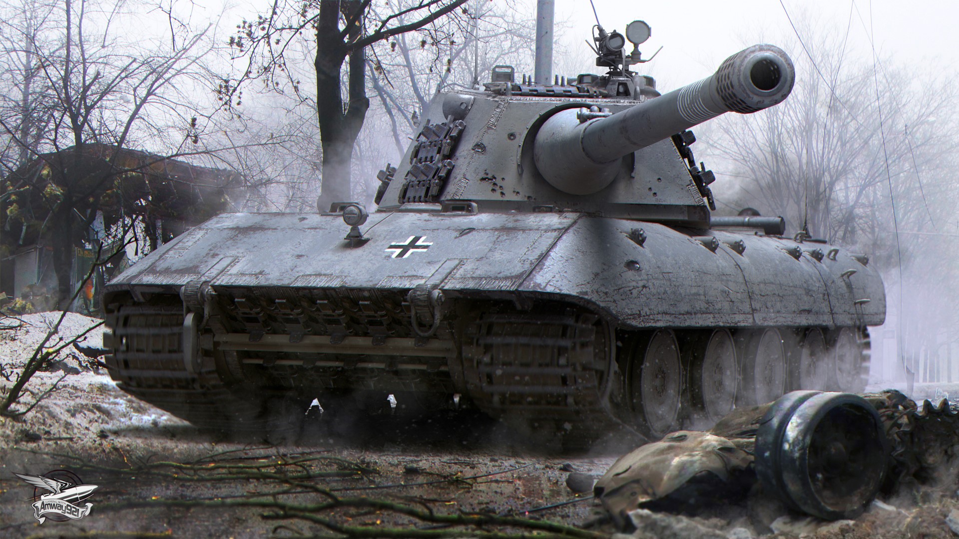 German E-75 tank in a misty forest HD Wallpaper