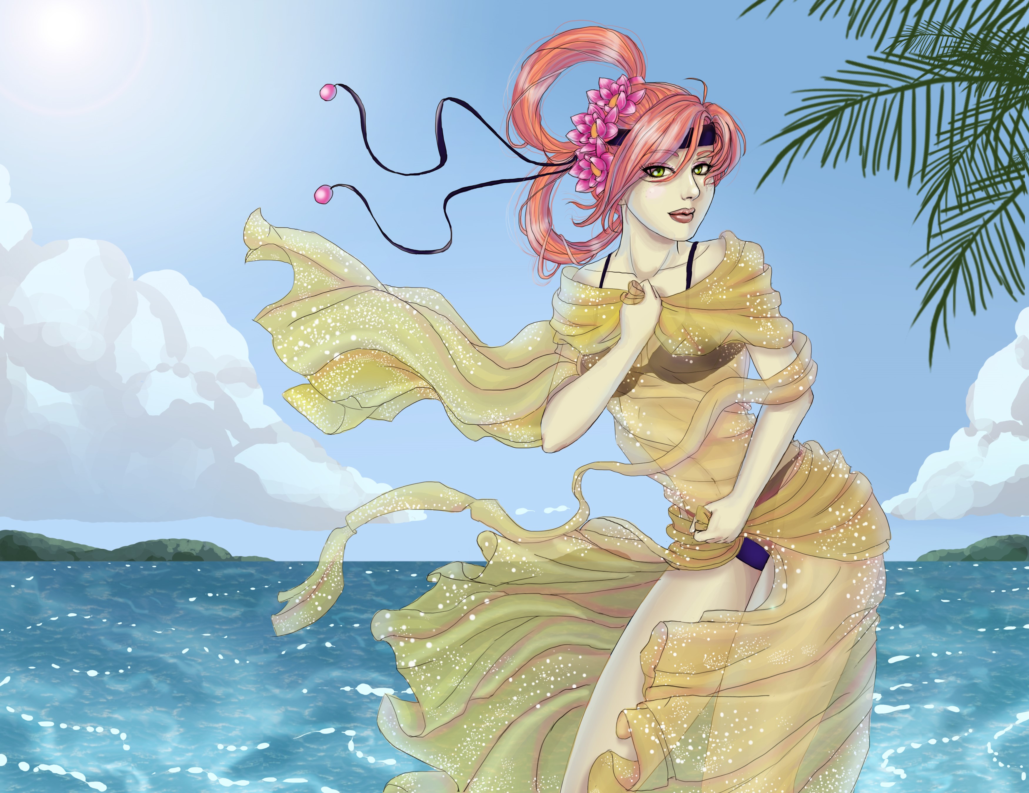 Redhead girl in a flowing dress by the ocean HD Wallpaper