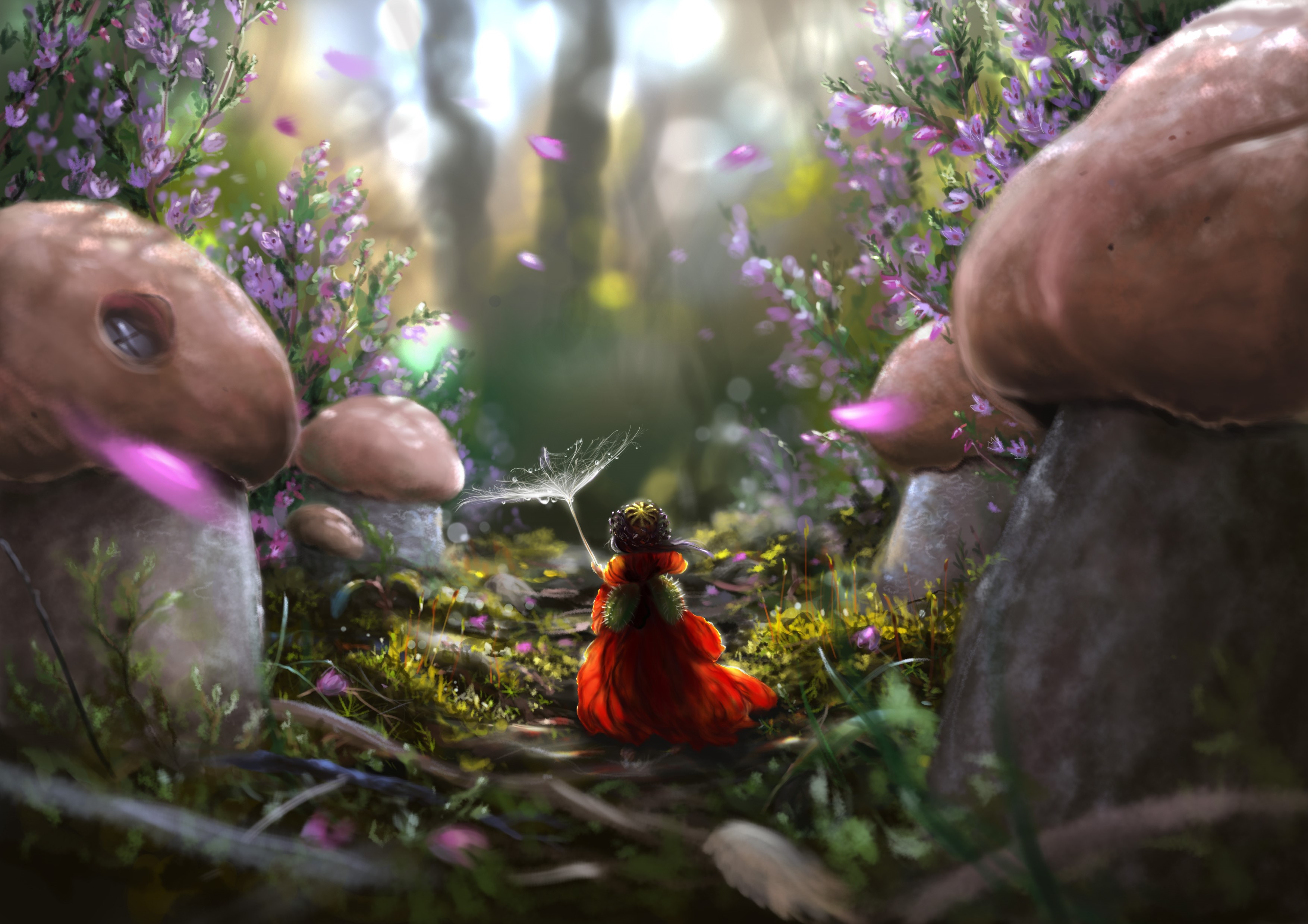 A fairy holding a dandelion seed in a mushroom forest HD Wallpaper