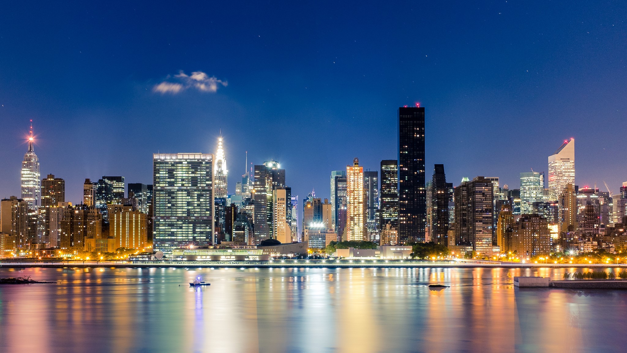 New York City Skyline at Night over the East River HD Wallpaper