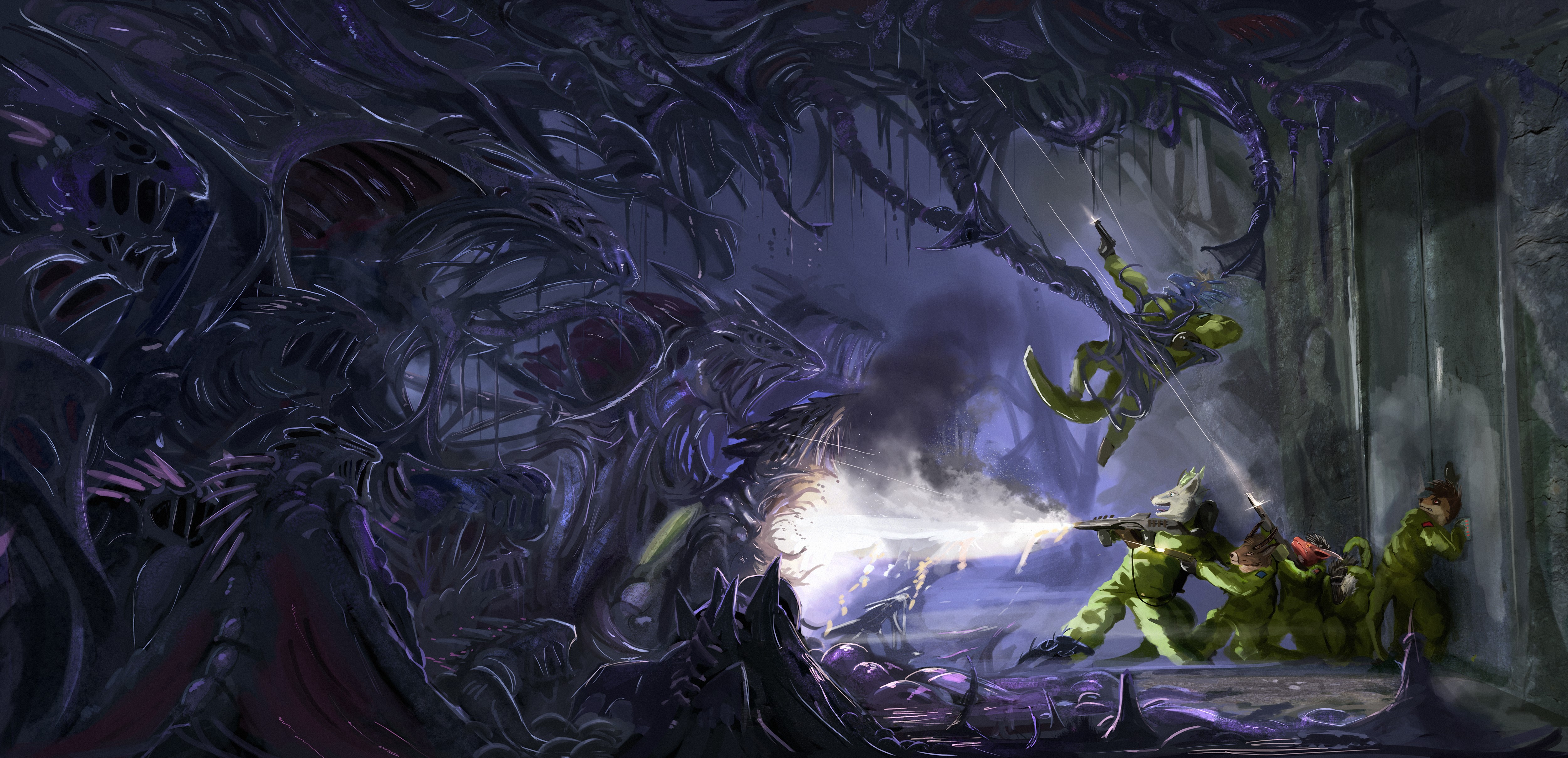 Soldiers battling alien monsters in a dark cavern HD Wallpaper