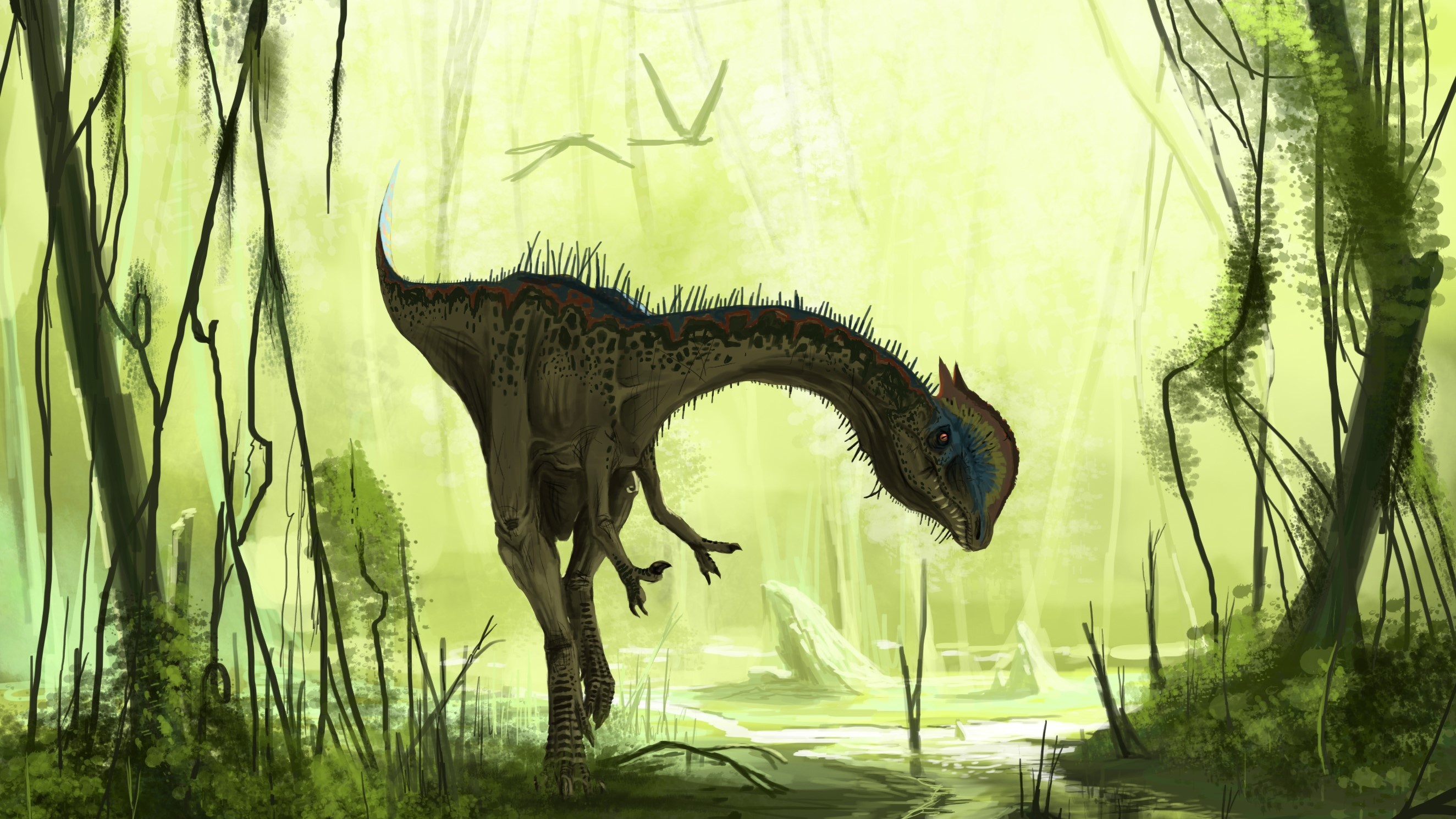 Dilophosaurus in a prehistoric swamp with flying reptiles HD Wallpaper