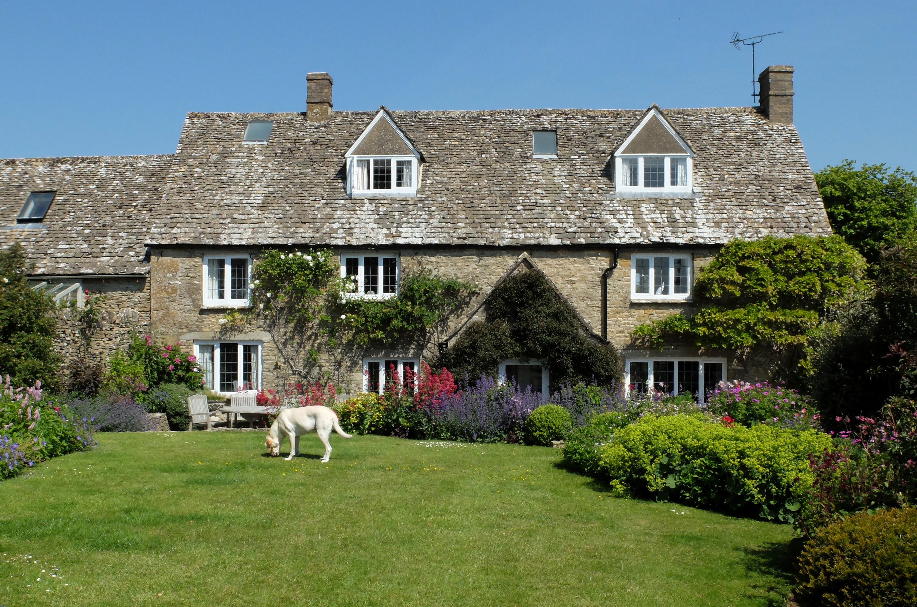 Stone cottage with a dog on a lawn in the Cotswolds HD Wallpaper