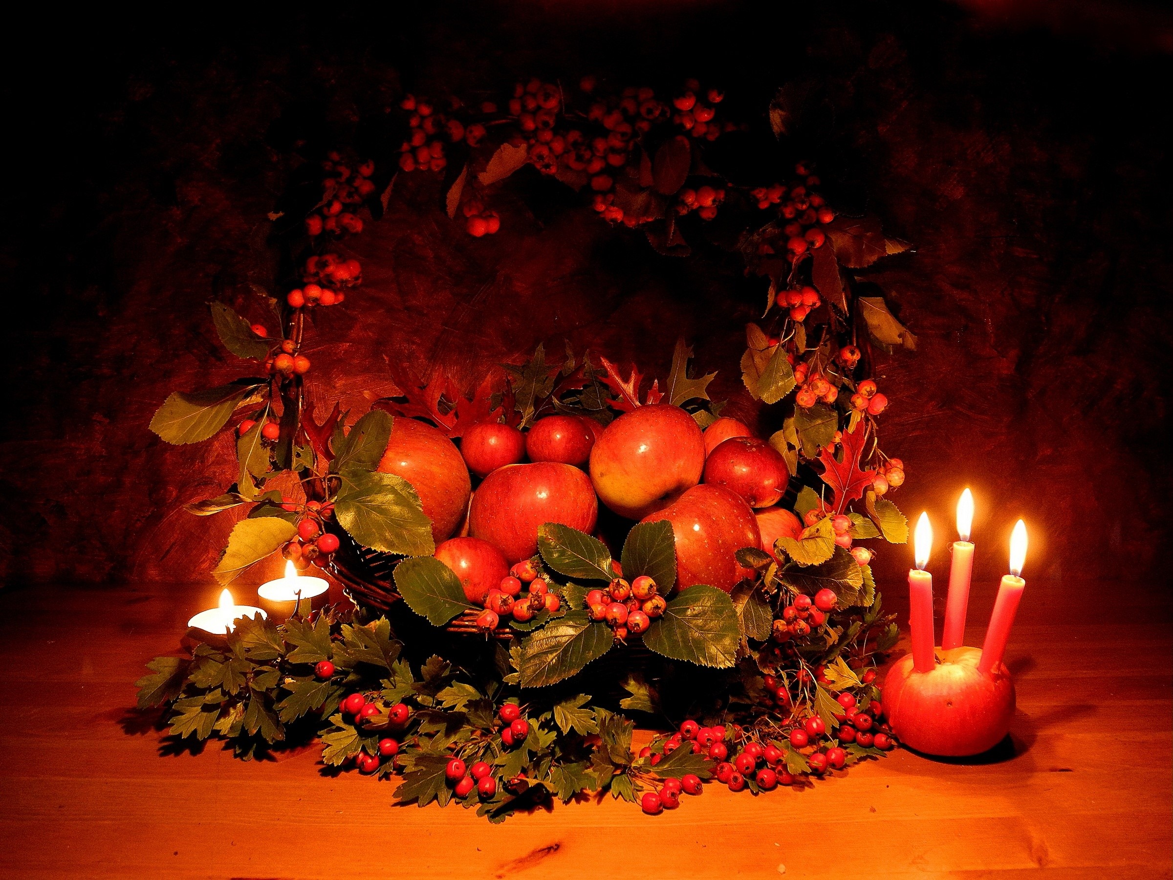Apples and Candles in a Basket HD Wallpaper