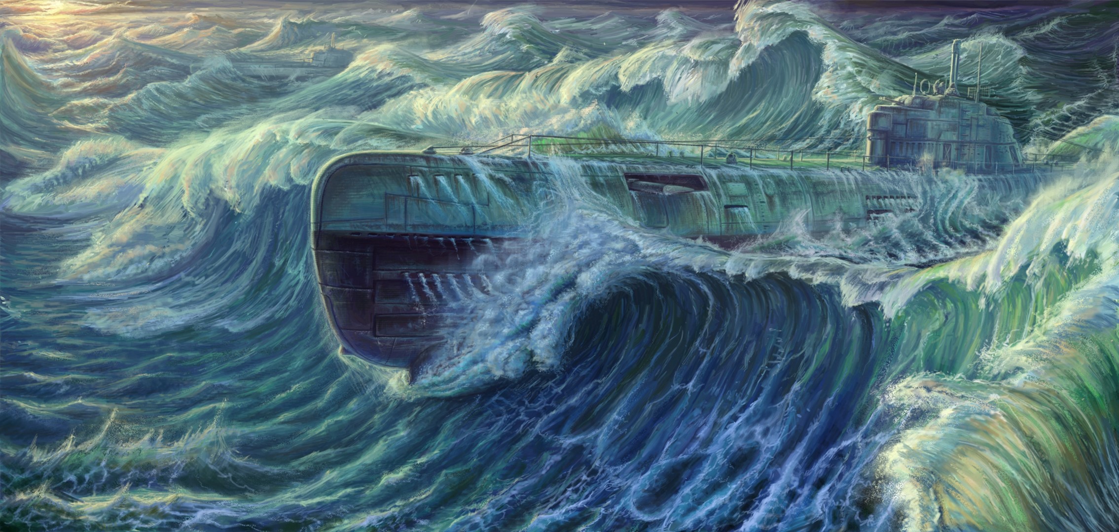Type XXI submarine in stormy seas painting HD Wallpaper