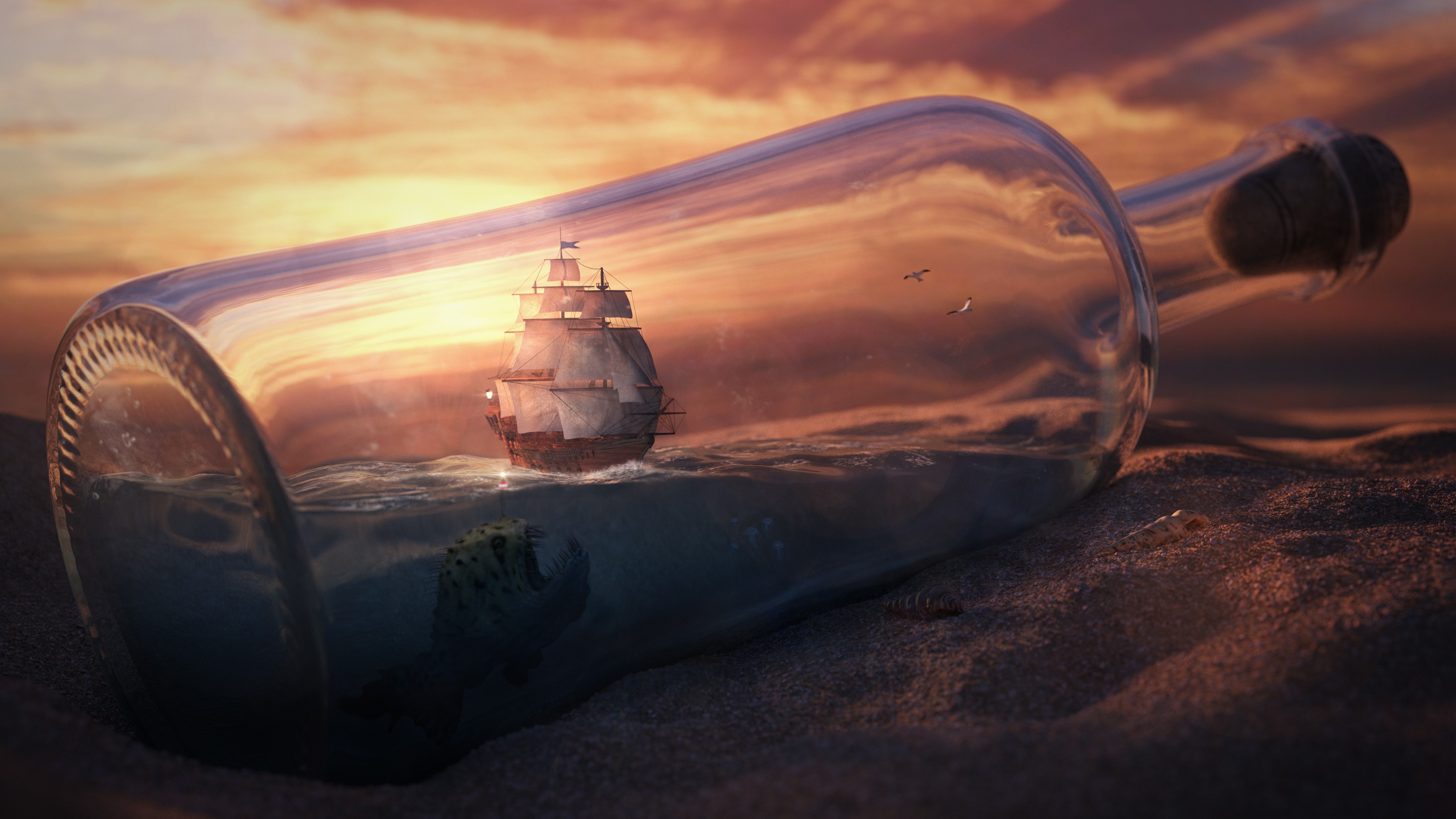 Ship in a bottle on sand at sunset HD Wallpaper