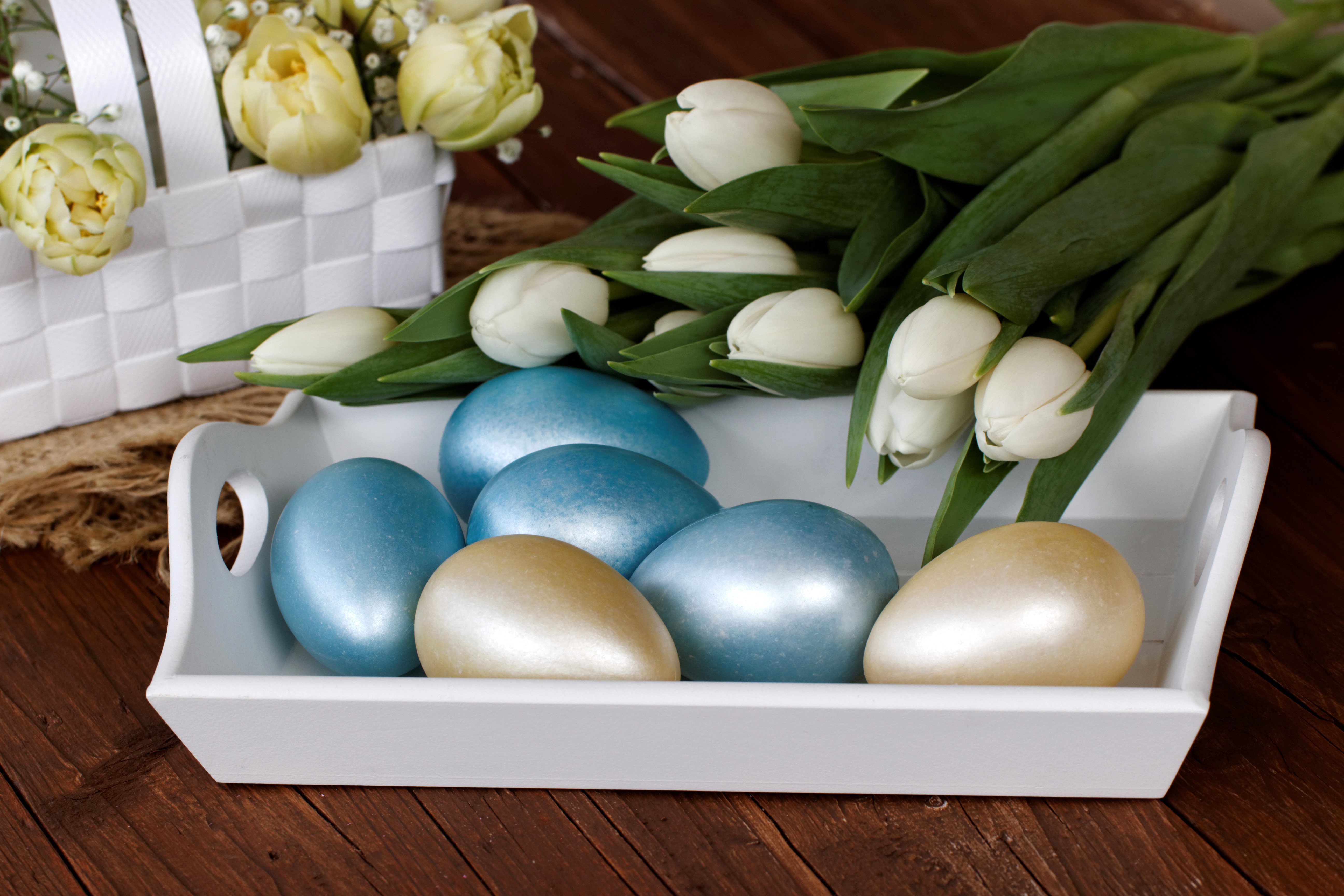 Easter Eggs and Tulips in a Basket HD Wallpaper