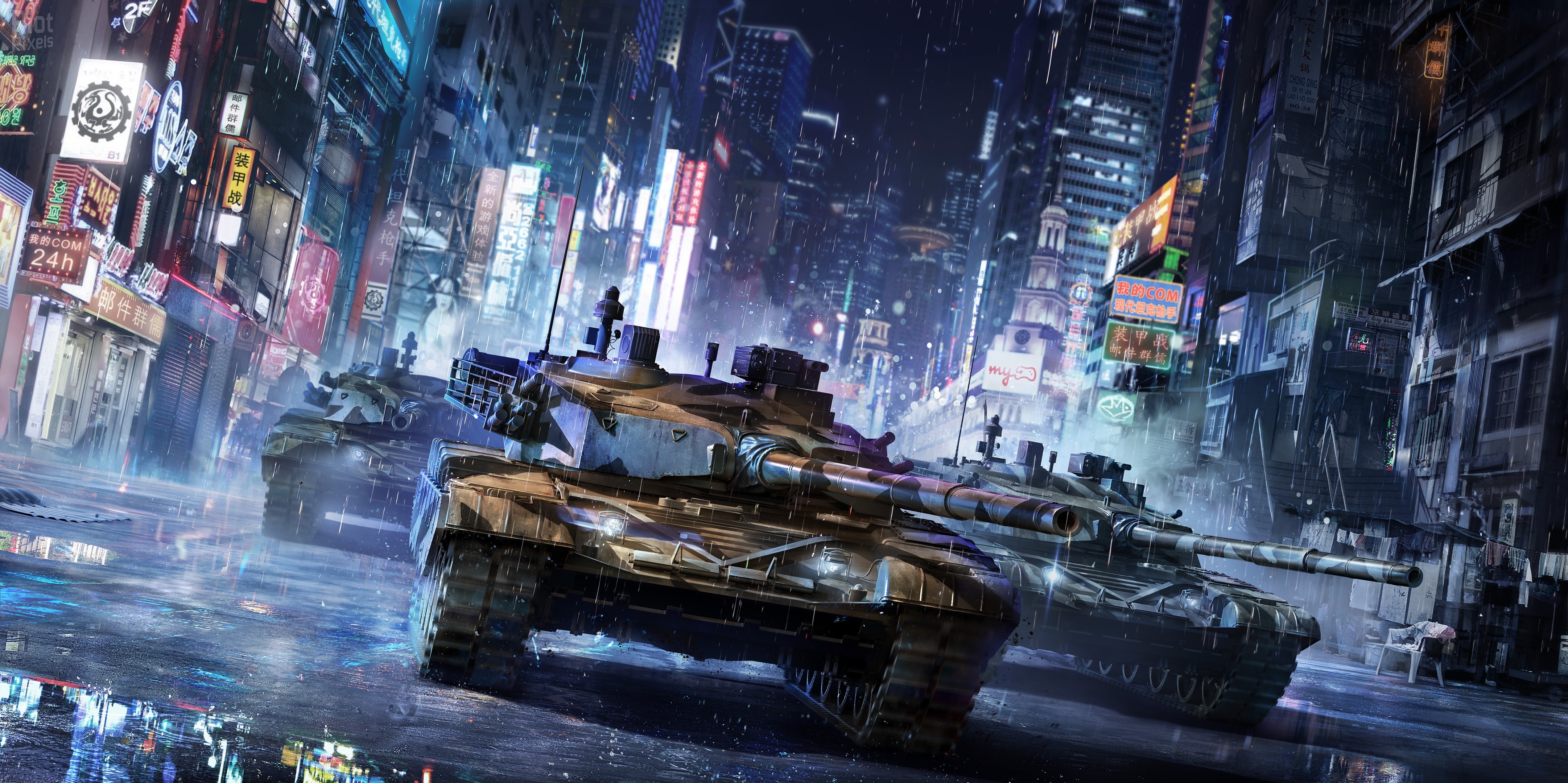 Tanks in a rainy neon city street HD Wallpaper