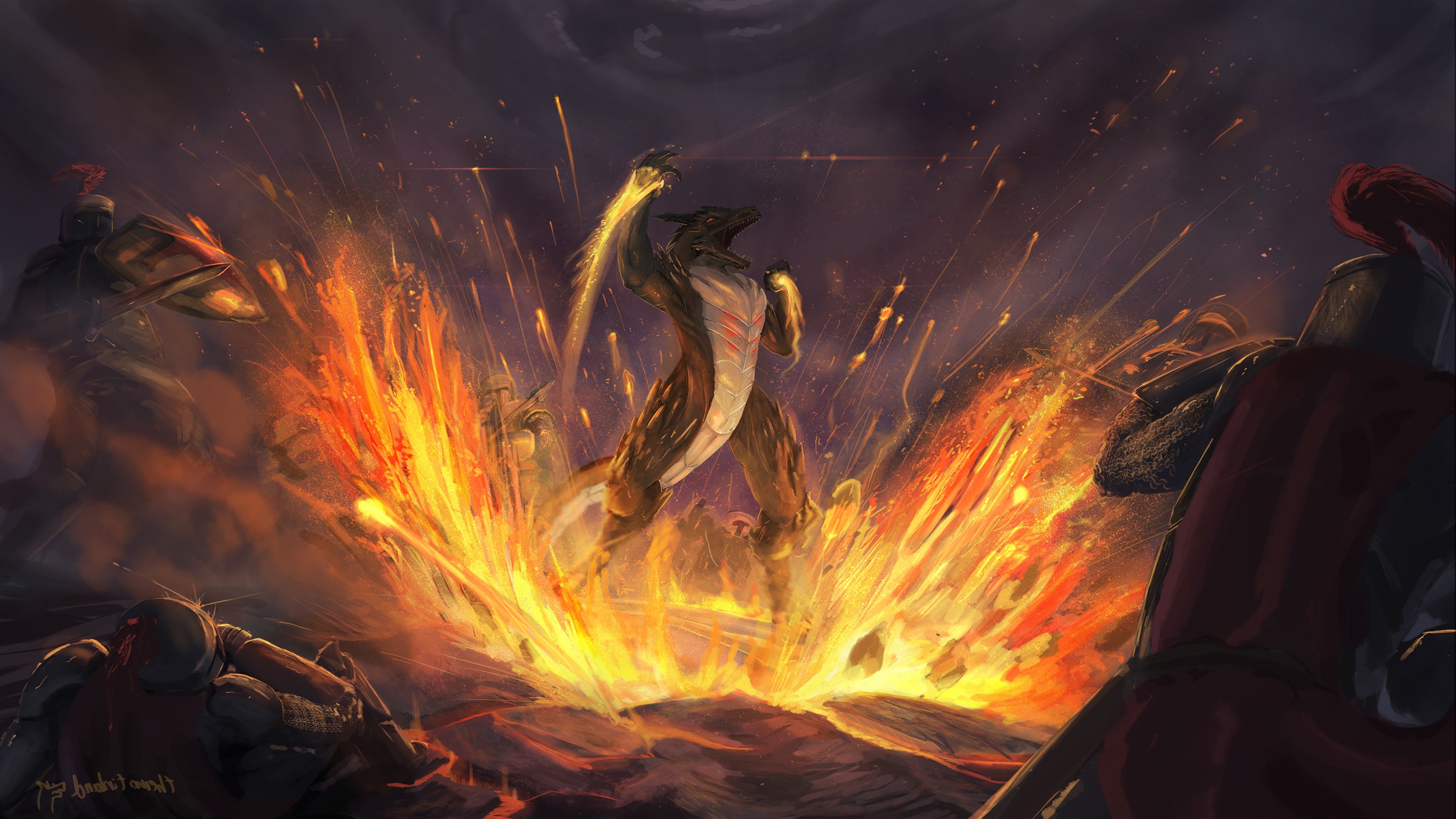 Dragon creature in explosion with knights HD Wallpaper