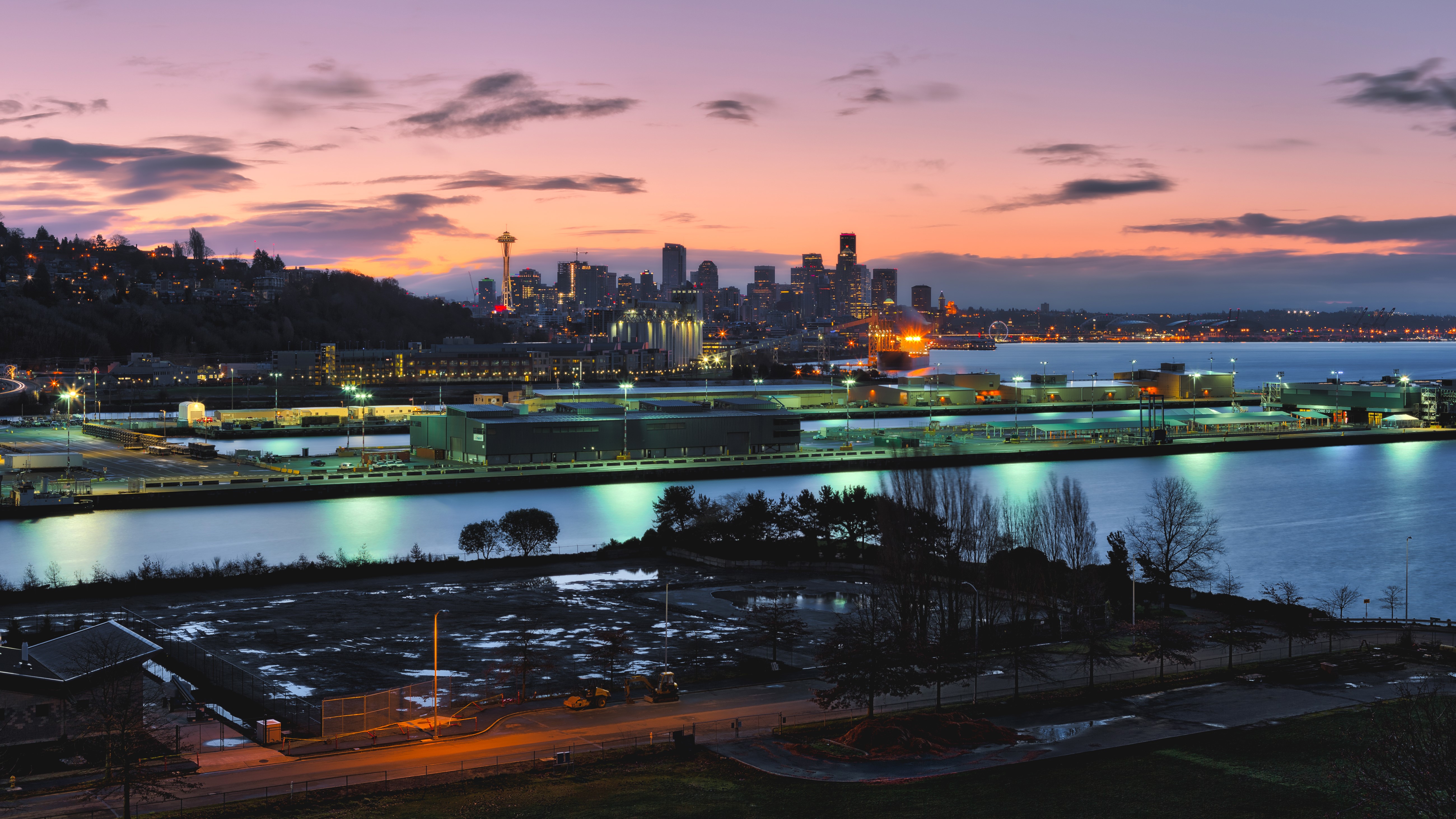 Seattle Skyline and Waterfront at Dusk HD Wallpaper
