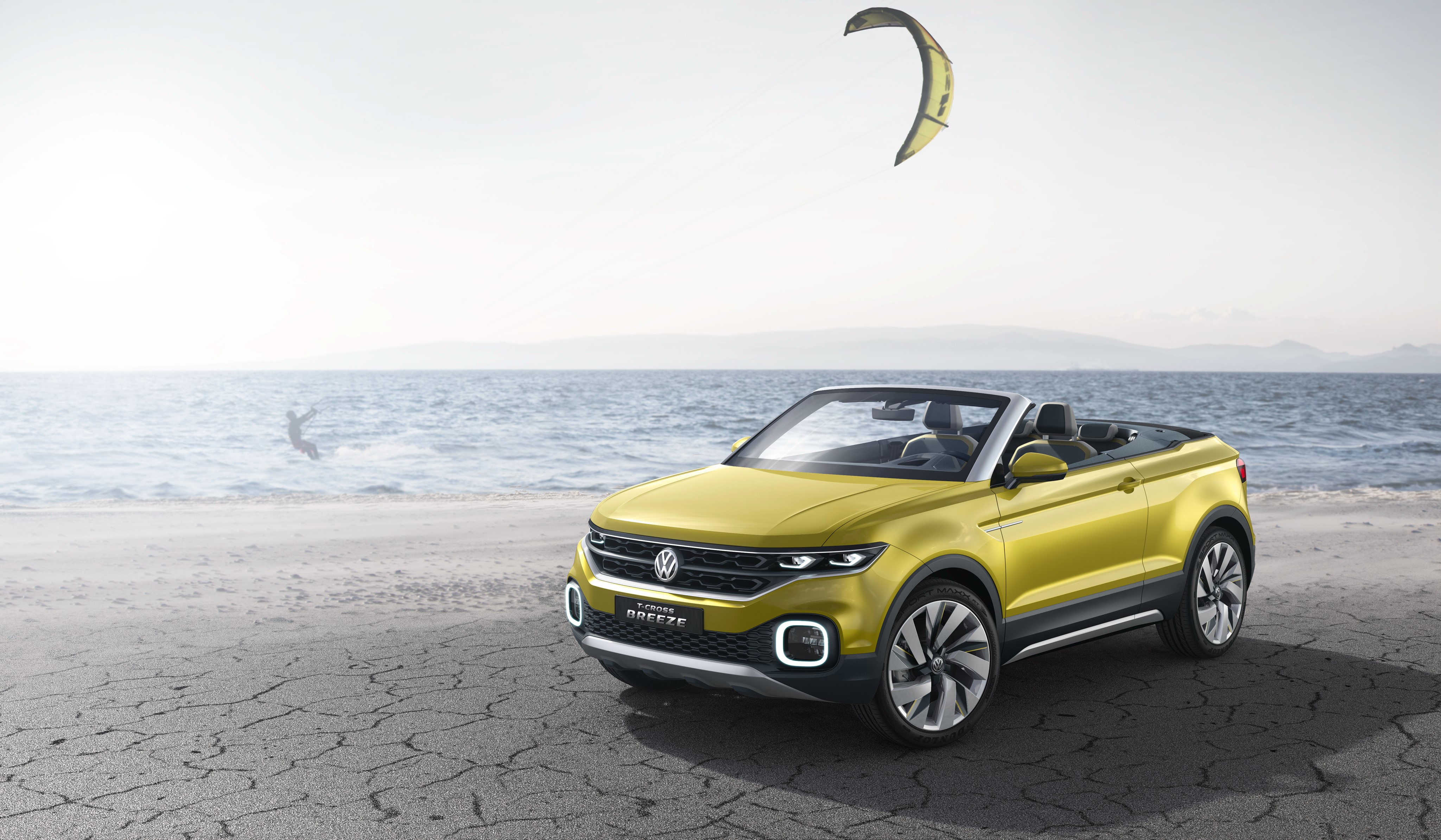 Yellow Volkswagen T-Cross Cabriolet on a Beach HD Wallpaper