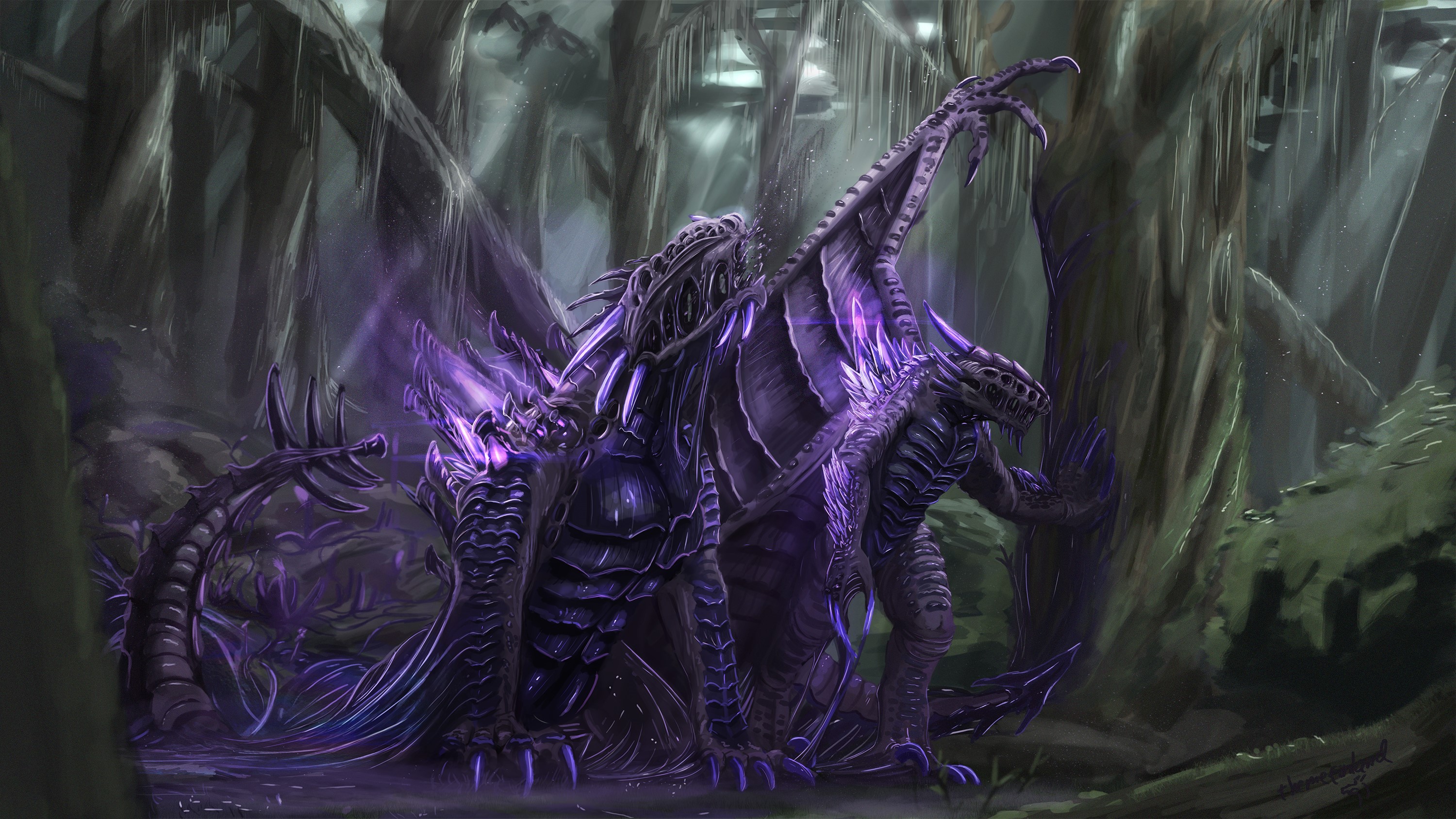 Two purple dragons in a dark forest HD Wallpaper
