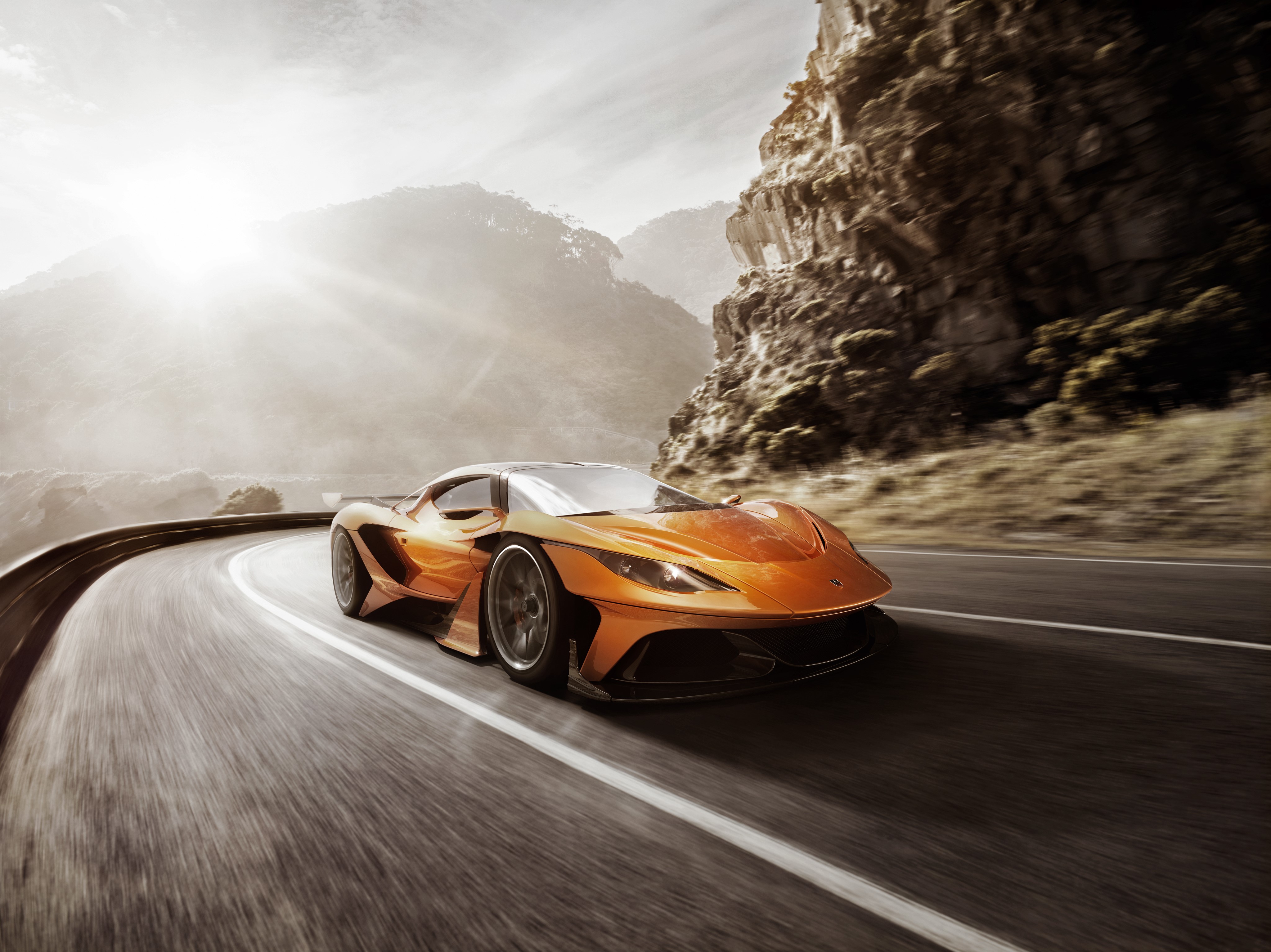 4K Orange Apollo Arrow on Mountain Road HD Wallpaper