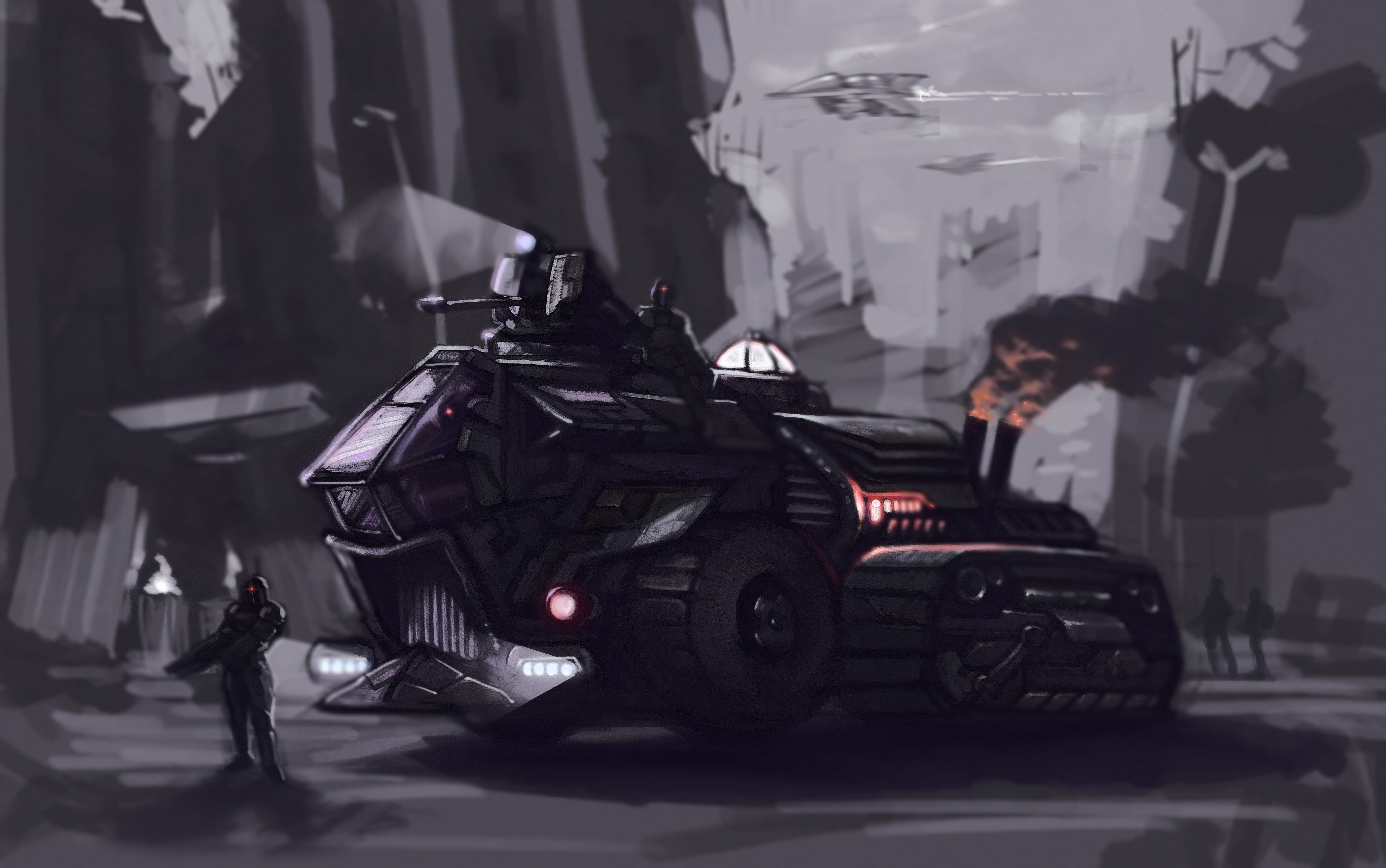 Fantasy Armored Vehicle in a Dark City HD Wallpaper